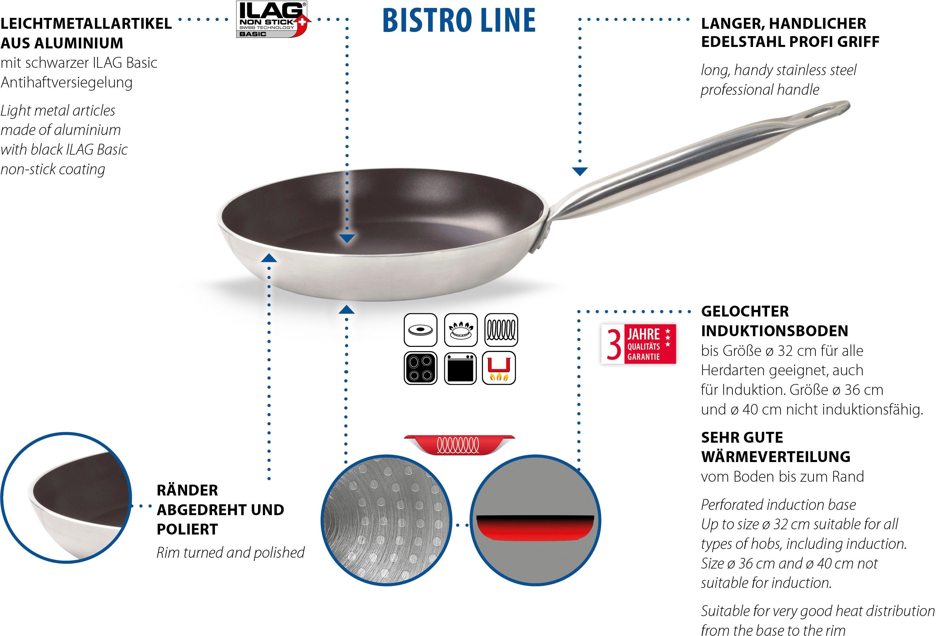 Profi handlicher Aluminium Bistro-Line, Bratpfanne Elo Griff, Induktion Edelstahl (1-tlg), langer,