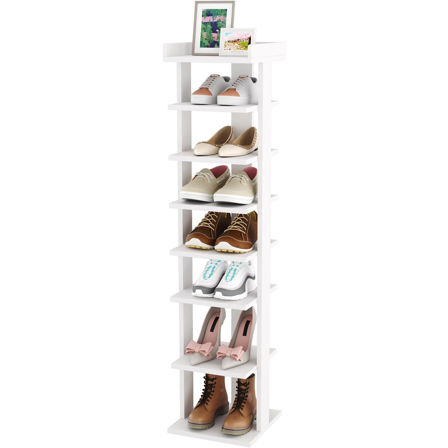 IDEASY Schuhregal Freistehendes Schuhregal mit 8 Ebenen, Weiß, platzsparend 24×24×120 cm, Eine Packung, Schmales Holz-Schuhregal für Flur & Diele, platzsparend  – Bild 3 von 5