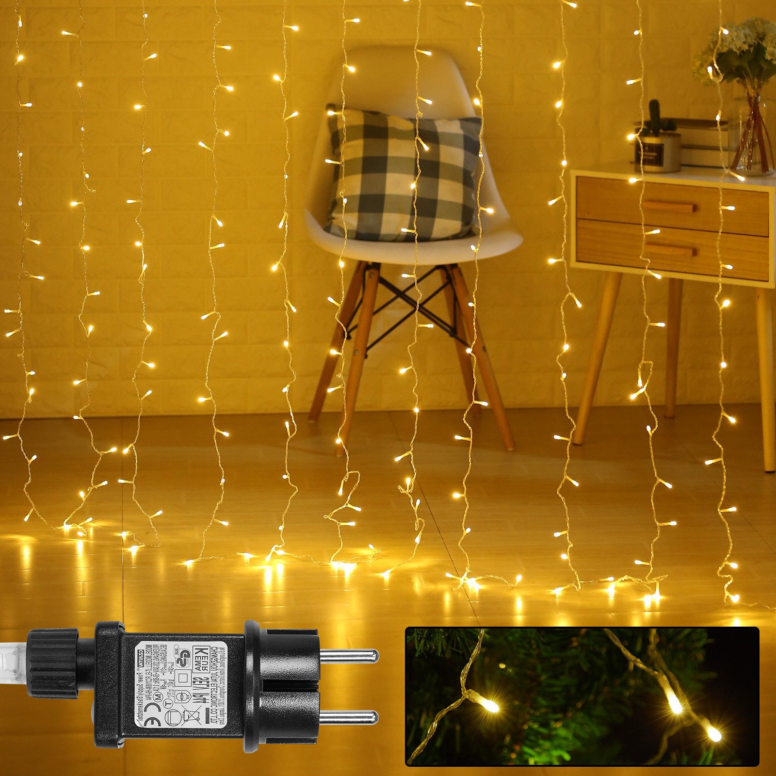 Rosnek Lichtervorhang 31V, 3x3M, 10 Stränge, für Schlafzimmer Weihnachten, 300-flammig, 8 Modi, Timer, Speicherfunktion, Wand Fenster Party Terrasse Deko