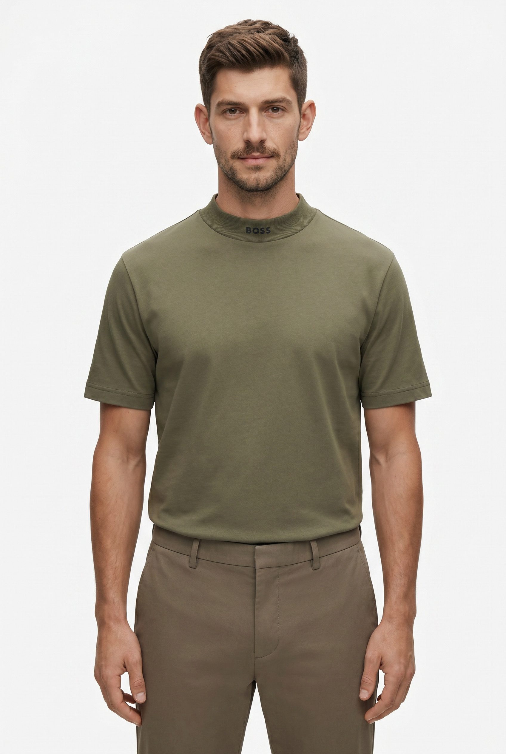 BOSS GREEN T-Shirt Tee Collar Relaxed Fit Stretch Jersey Baumwolle, Logo Centered, Rundhals