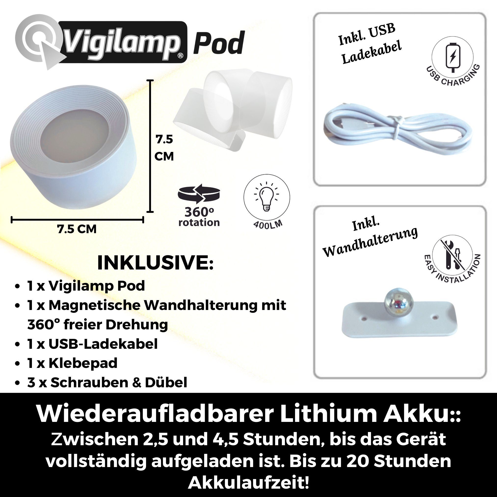 Best Direct® LED Wandleuchte Vigilamp Pod, 6, LED fest integriert, Tageslichtweiß, Kaltweiß, Warmweiß, wiederaufladbare schwenkbare Leselampe, USB, dimmbar, innen, Akku