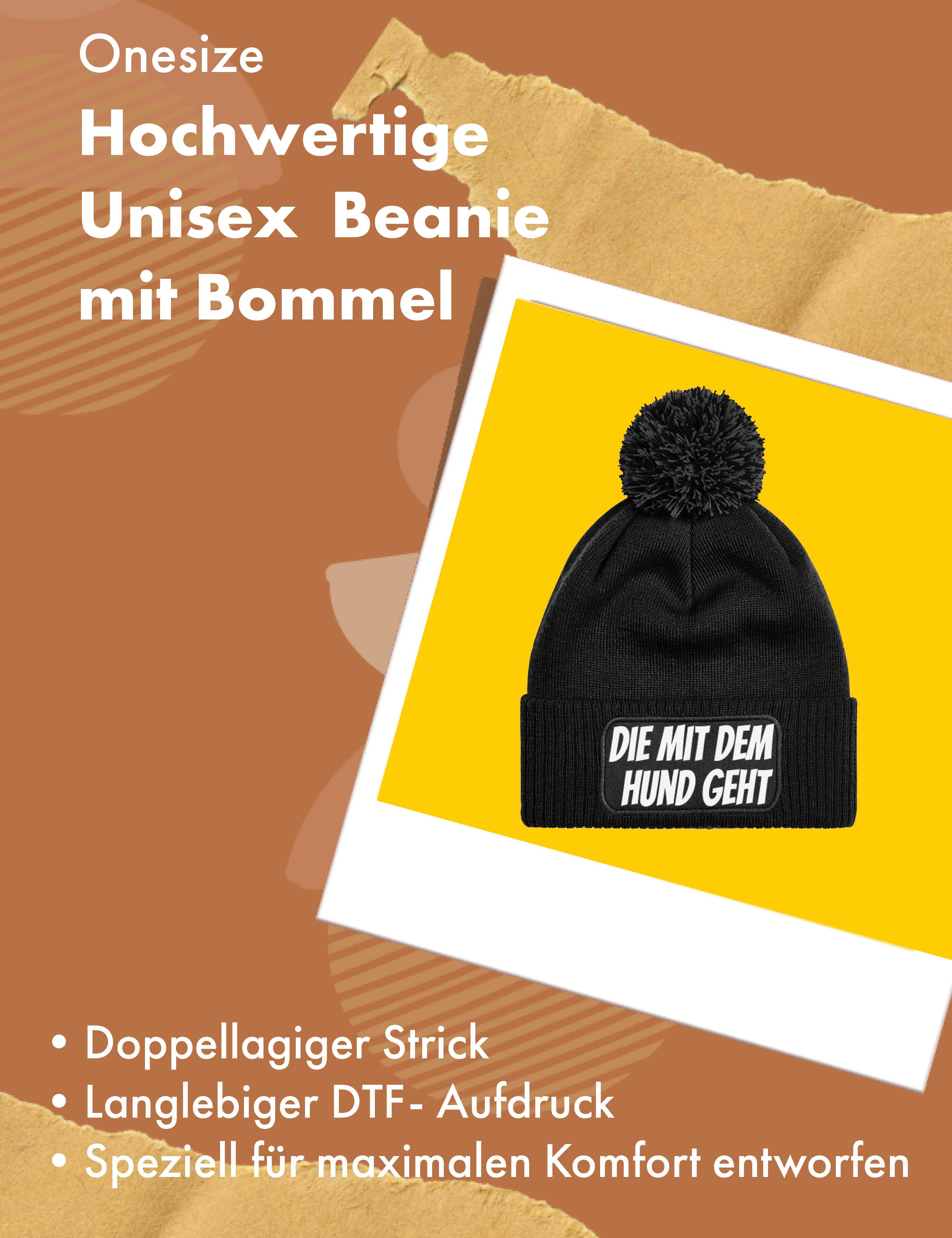 Youth Designz Bommelmütze Damen Strick Bommel Beanie Mütze mit "DIE MIT DEM HUND GEHT" Aufdruck mit lustigem Spruch für Frauen