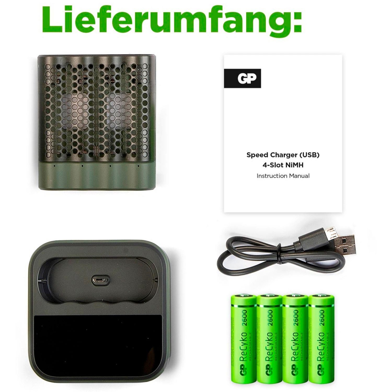 GP Batteries USB Docking Akku-Ladegerät AA / AAA + 4x AA-Akku Akku-Set Mignon 2600 mAh (1,2 V, 6 St), Dock Lader D451 + Ladeeinheit M451 4x AA 2600mAh Mignon LR06 Batterie