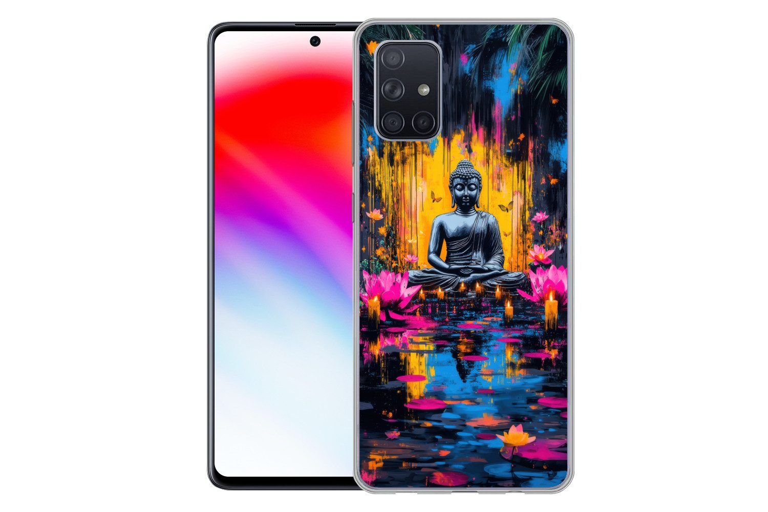 MuchoWow Handyhülle für Samsung Galaxy A51 Buddha - Blumen - Kerzen - Gelb, Smartphone-Bumper, Print, Handy Schutzhülle Dünn