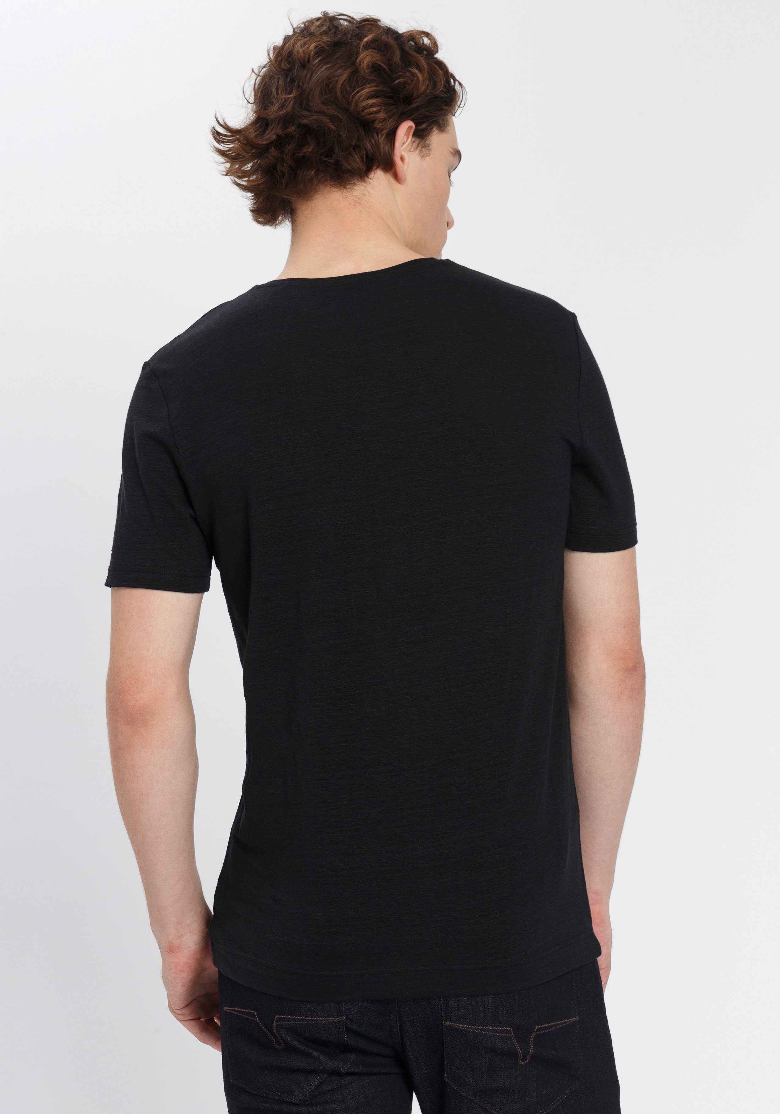 fit hohem schwarz T-Shirt Level Five Leinenanteil mit body OLYMP