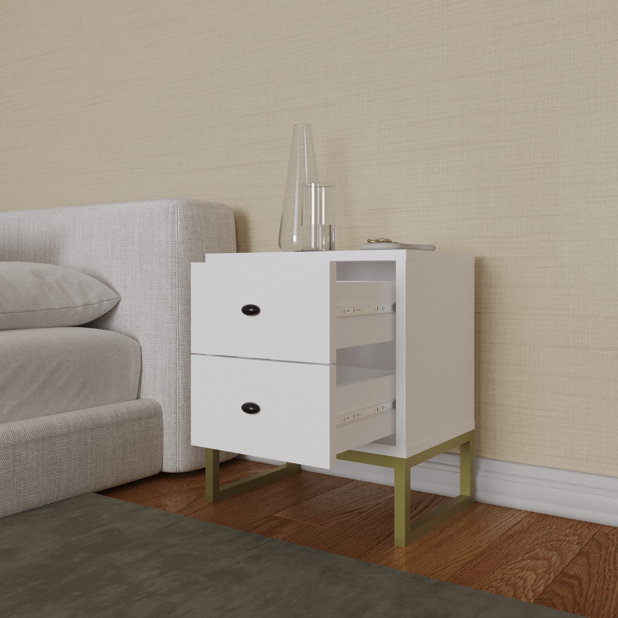 BDR Smart Home Art Kommode Hazer Nachttisch mit 2 Schubladen, Regal Pine Metallfüße Praktisch