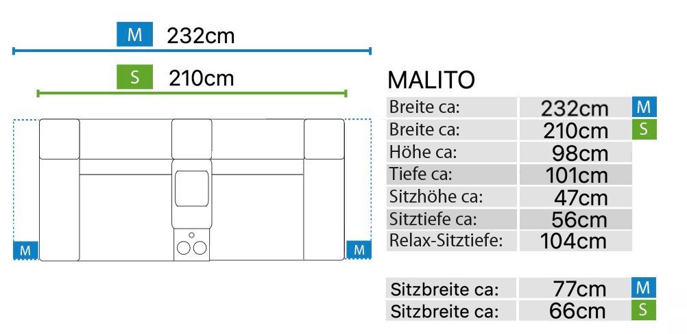 S: x cm Leder Grau Sofa - 101 in Sofanella MALITO Kinosofa 2-Sitzer 210 Sofanella