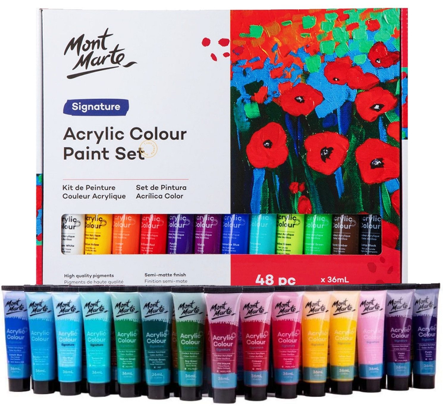 Mont Marte Acrylfarbe Künstler-Set, wählbar aus 18 x, 24 x, 36 x oder 48 x in je 36 ml Tuben, wasserbasiert, ideal für Leinwand, Holz, Stein & kreative Projekte
