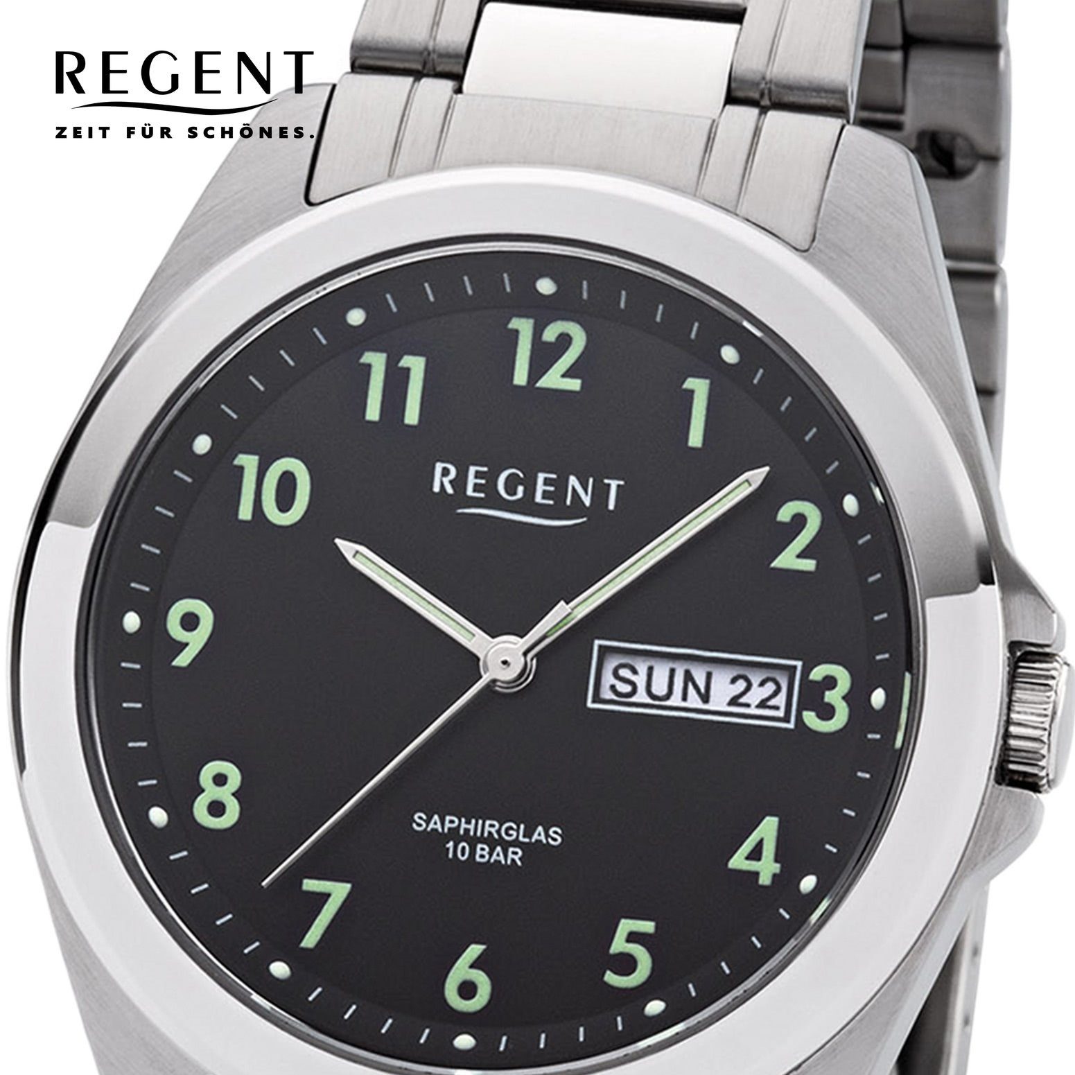 Regent Quarzuhr Regent Herren Uhr F-1186 Metall Quarz, (Analoguhr), Herren Armbanduhr rund, mittel (ca. 38mm), Metallarmband