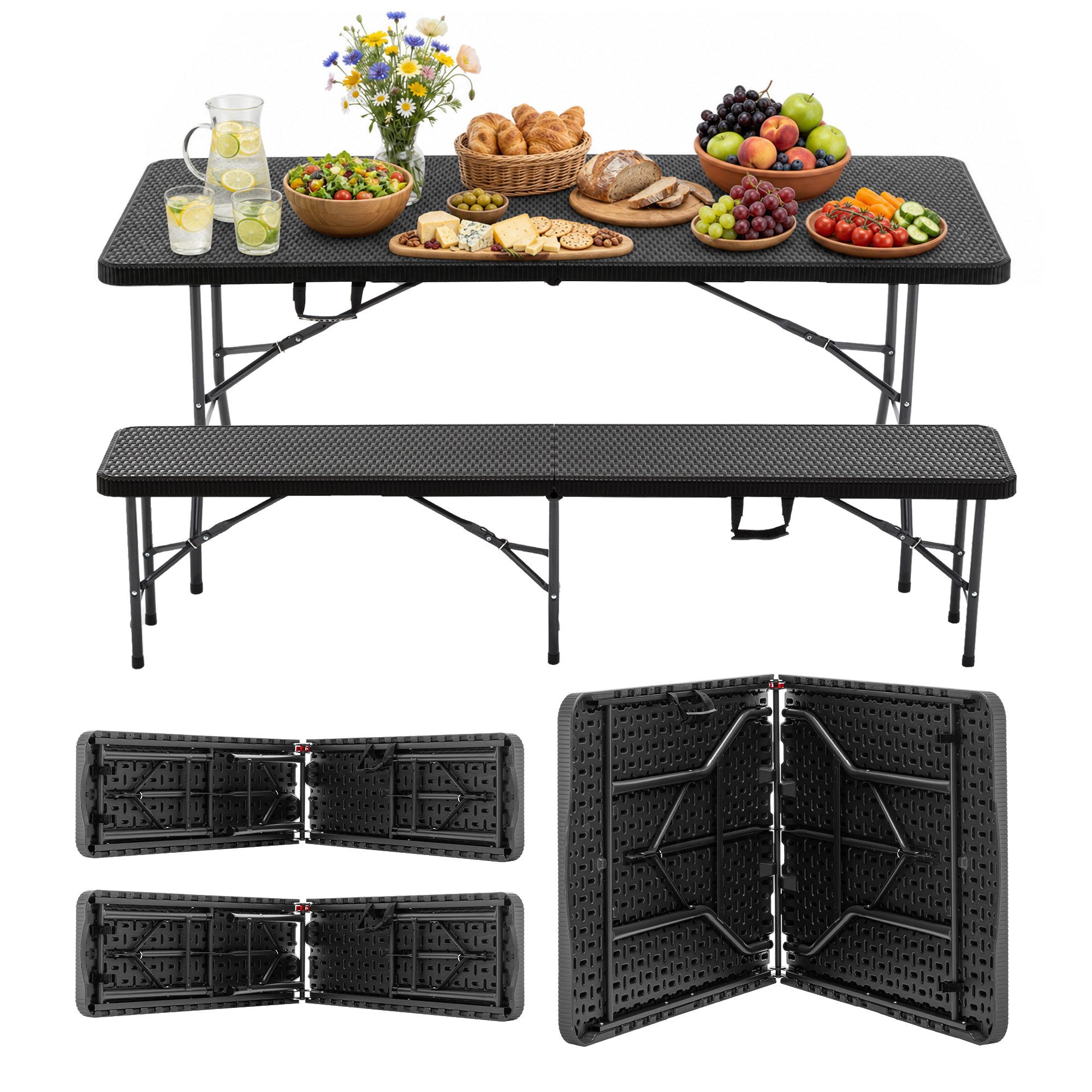 Bierzeltgarnitur Campingtisch Bierzeltgarnitur Polyrattan Bierbank, Klapptisch 3 Set.