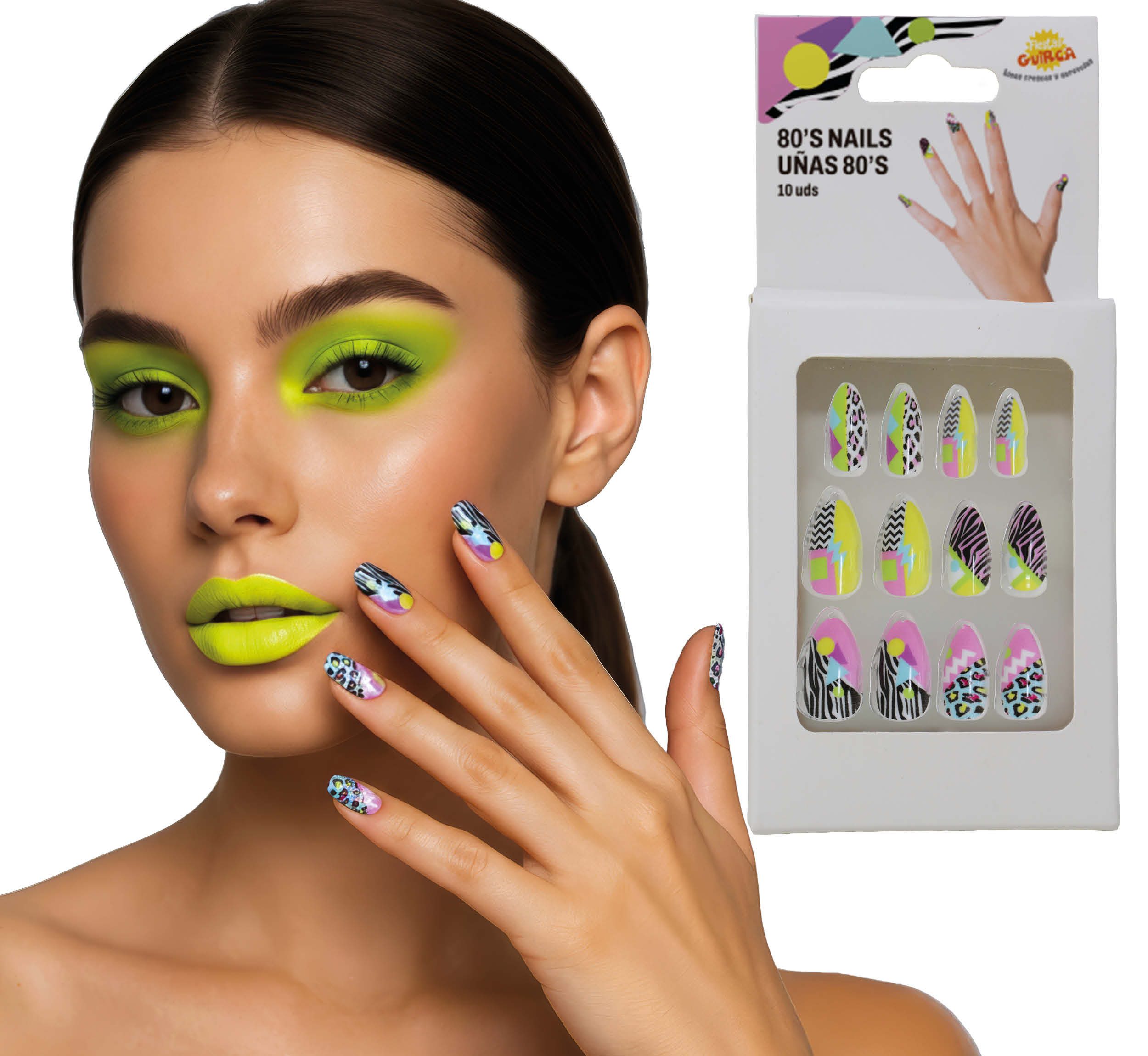 Fiestas Guirca Kostüm, 80er Jahre Nagelkunst Design Karneval Bunt Party Nagellook Dekoration