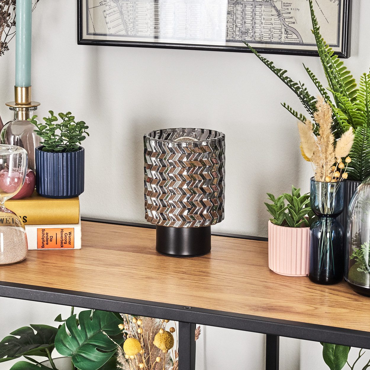 hofstein Tischleuchte Tischlampe aus Metall/Glas in Schwarz/Rauchfarben, ohne Leuchtmittel, mit Glasschirm (11 cm) u. An/-Auschalter, 1 x E27, ohne Leuchtmittel