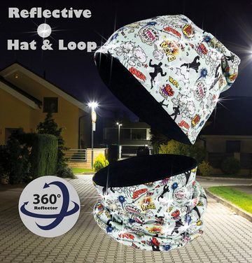 HECKBO Beanie 360° Reflektor Kinder Beanie Mütze & Loop Schal Set mit Superheld