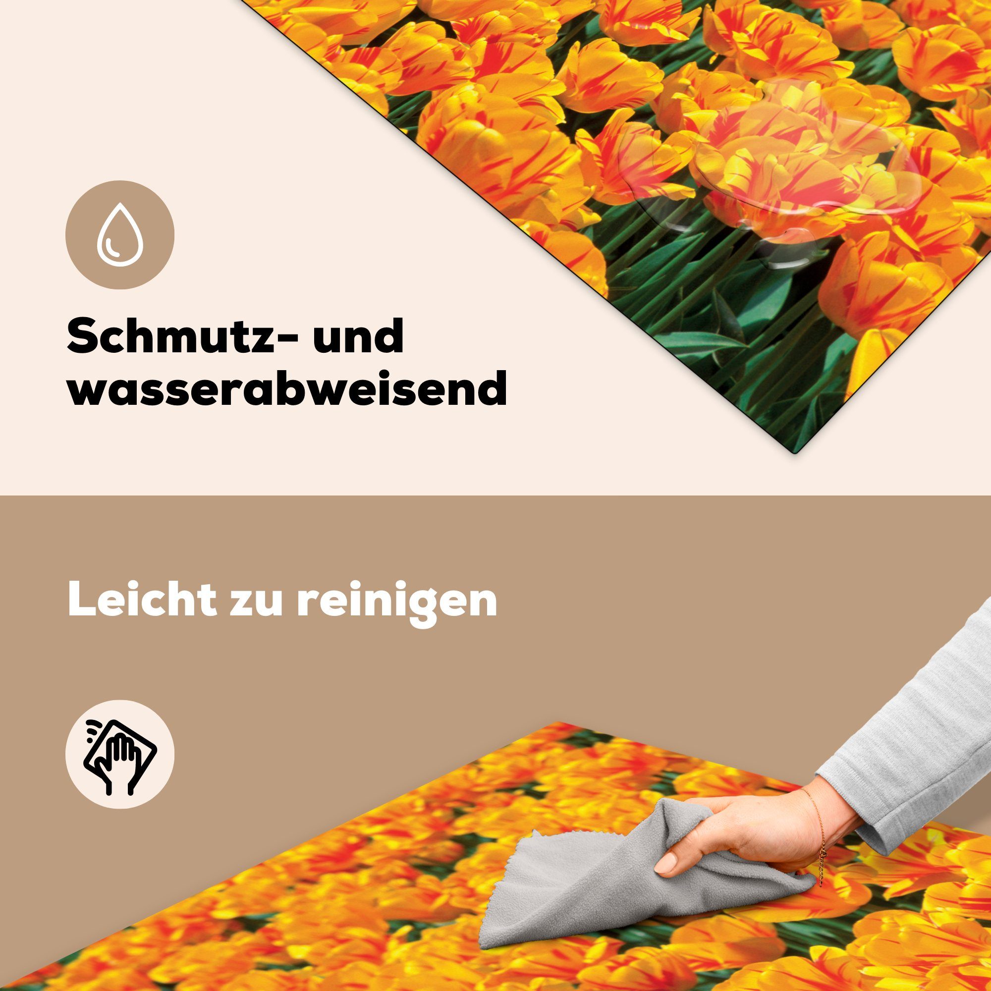 MuchoWow Herdblende-/Abdeckplatte Orangefarbenes Tulpenfeld, Vinyl, küche Arbeitsplatte Ceranfeldabdeckung, für 78x78 (1 tlg), cm