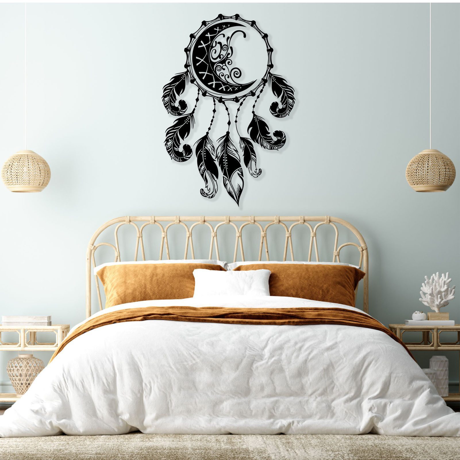 Jumpeak Wanddekoobjekt Bohème Metall Träumfänger Wandkunst - Mond & Federn, Wanddeko für Schlafzimmer, Mystischer Ethnischer Wohnaccessoire
