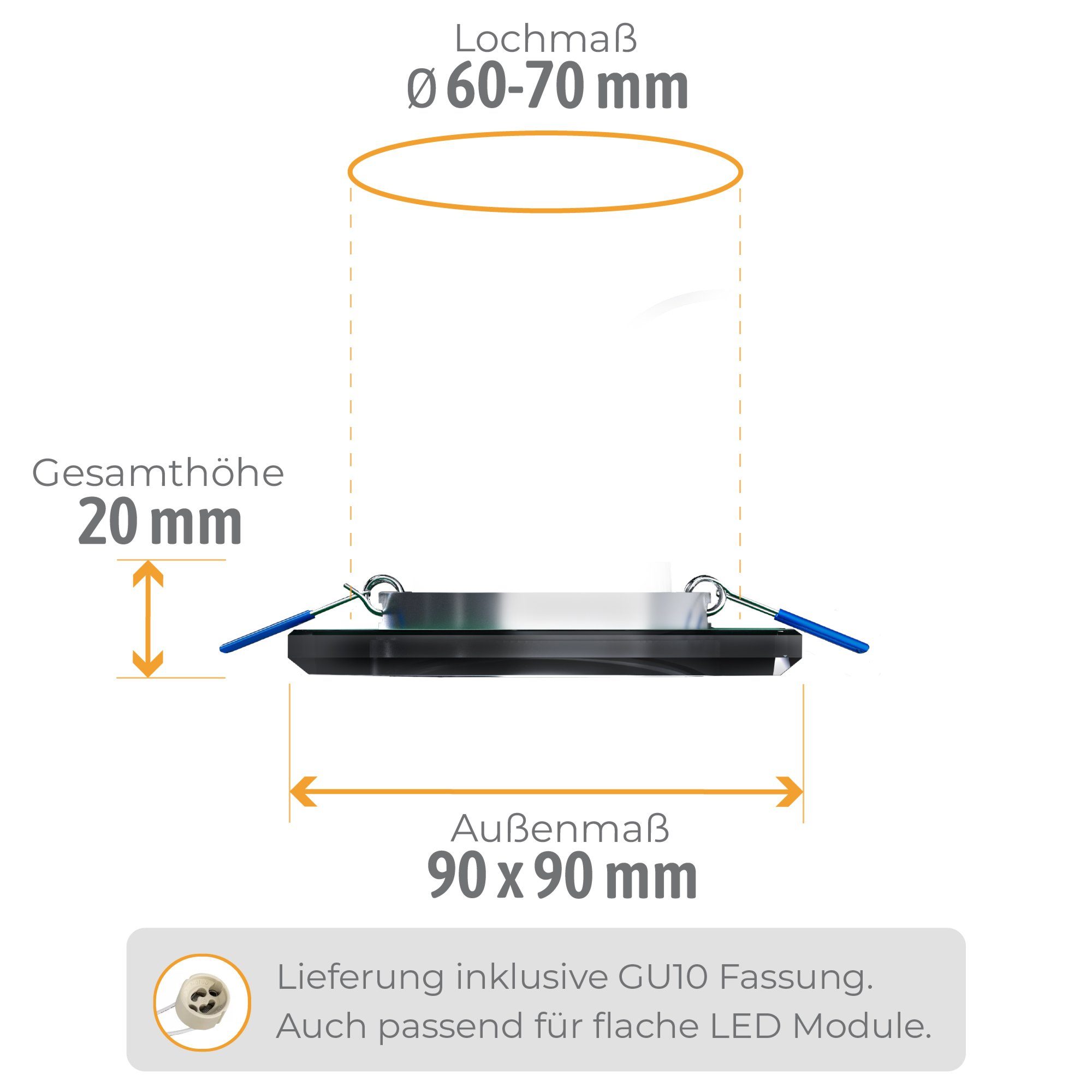 SSC-LUXon LED Einbaustrahler Einbauleuchte Eckige Glas Innenring, GU10-Fassung Alu mit schwarz