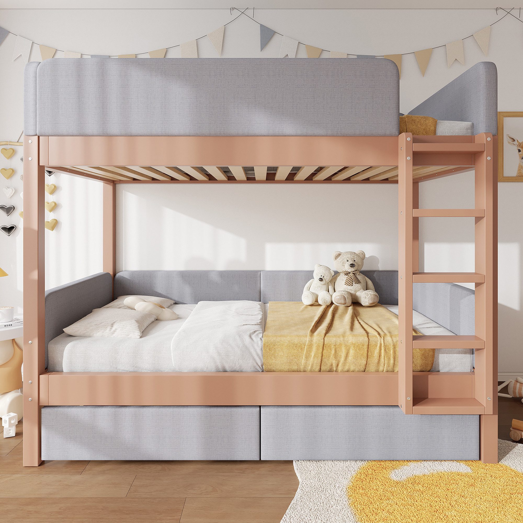 Flieks bunk bed, children's bed 90x200cm with anti-collision sponge edge and 2 drawers