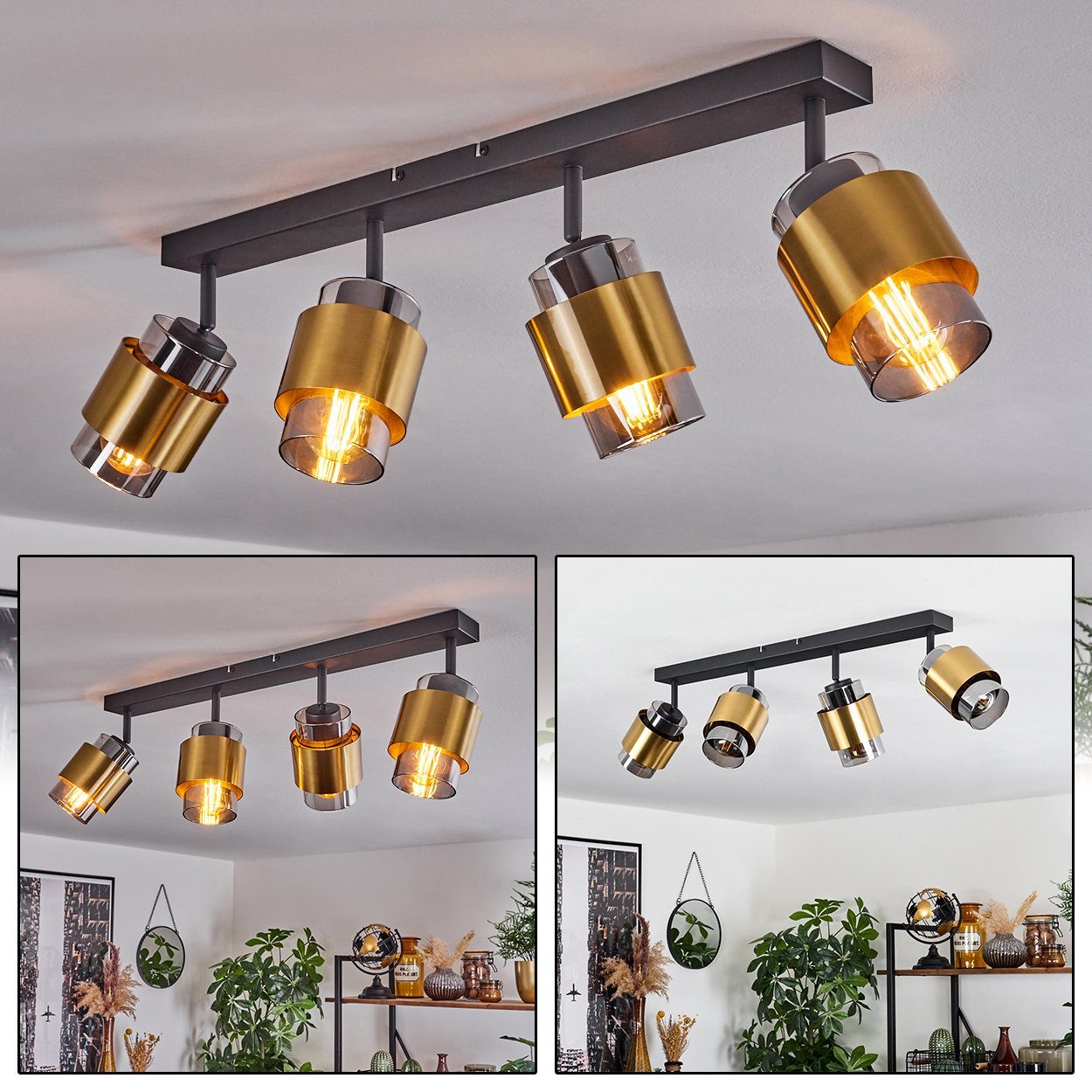 Metall/Glas Deckenlampe x Deckenleuchte in hofstein Leuchtmittel, verstellbaren Schirmen, Deckenleuchte E27 aus Schwarz/Messingfarben/Rauchfarben, ohne mit 4