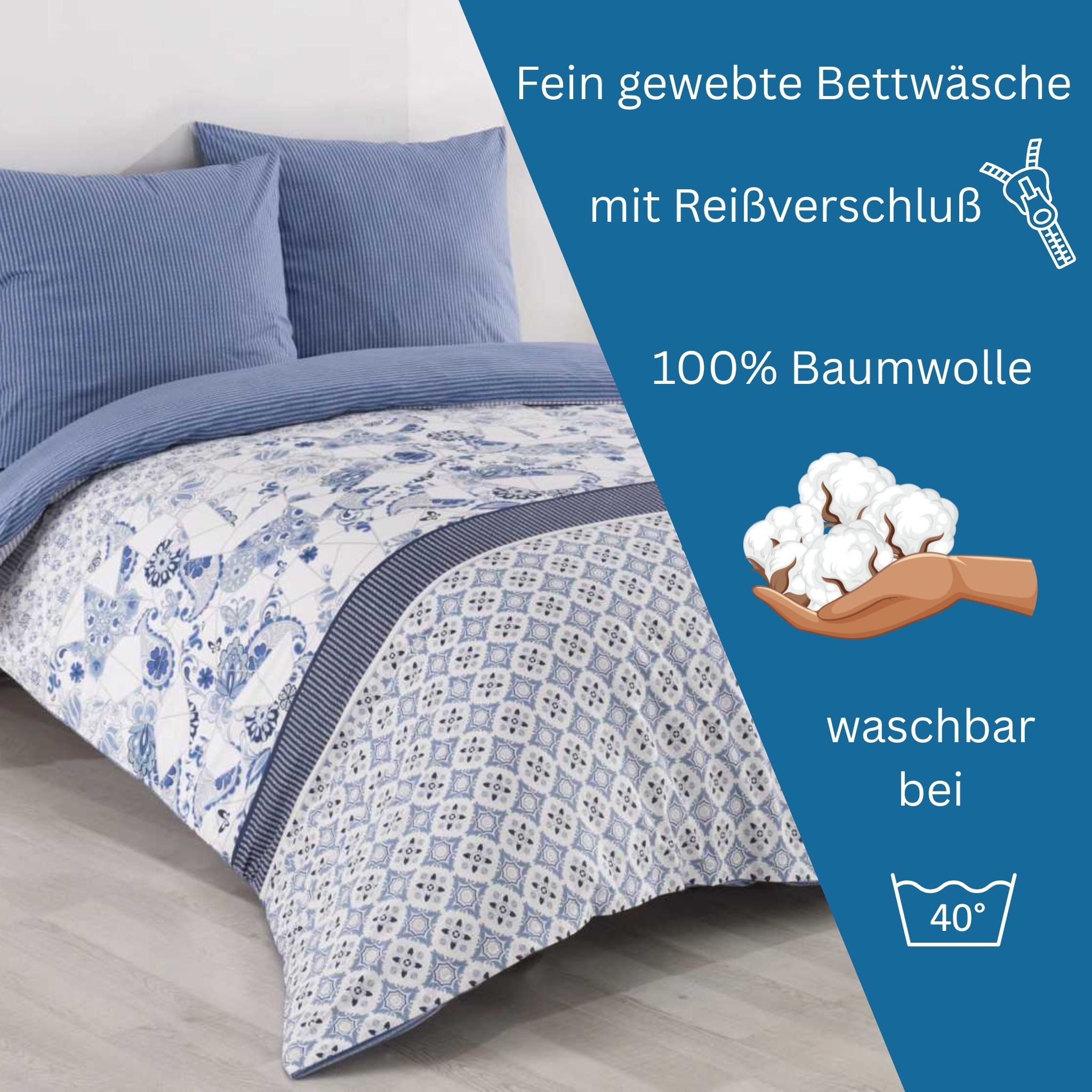 Leonado Vicenti Bettwäsche Baumwolle 100% fein gewebter Stoff, Renforce, 4 teilig, Wendebettwäsche, maritimer, skandinavischer, klassischer Wohnstil