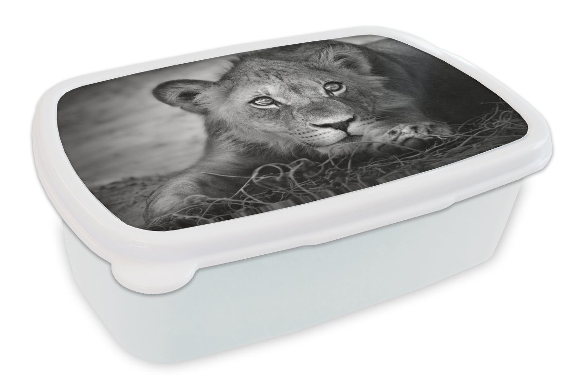 MuchoWow Lunchbox Wildtiere - Löwe - Natur - Schwarz - Weiß, Kunststoff, (2-tlg), Brotbox für Kinder und Erwachsene, Brotdose, für Jungs und Mädchen