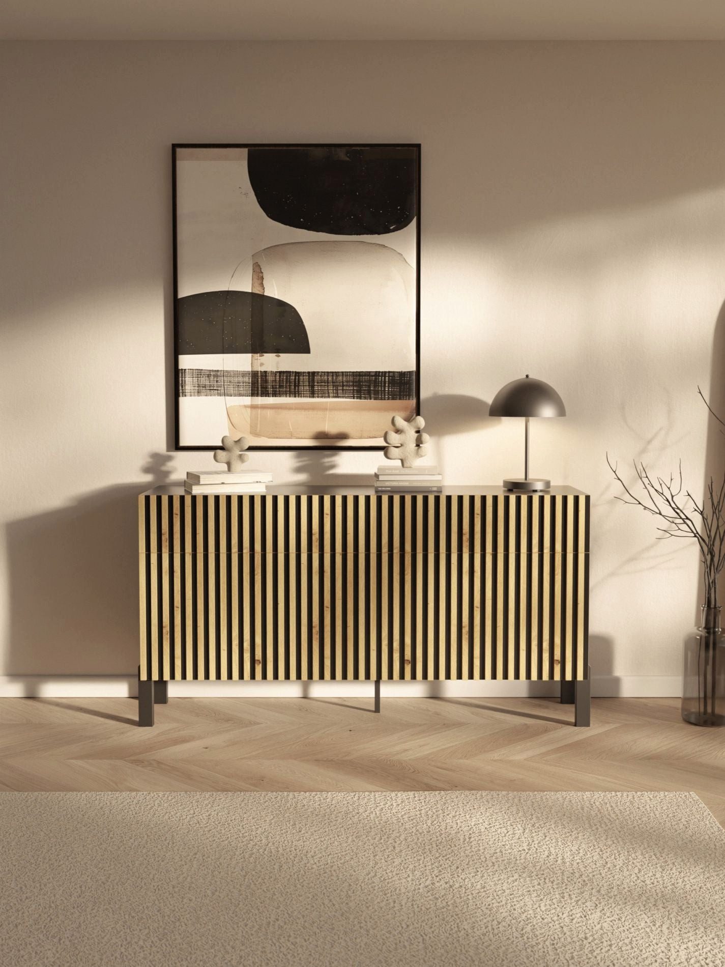 Selsey Sideboard TELIRE, 3 Türen, 3 Schubladen mit Push-to-Open, Lamellenfront, Metallfüße