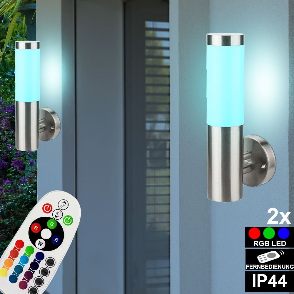 Edelstahl Leuchtmittel RGB 2x Außen-Wandleuchte, inklusive, LED Lampen Leuchte Warmweiß, Fassaden etc-shop FERNBEDIENUNG Farbwechsel, Wand Außen