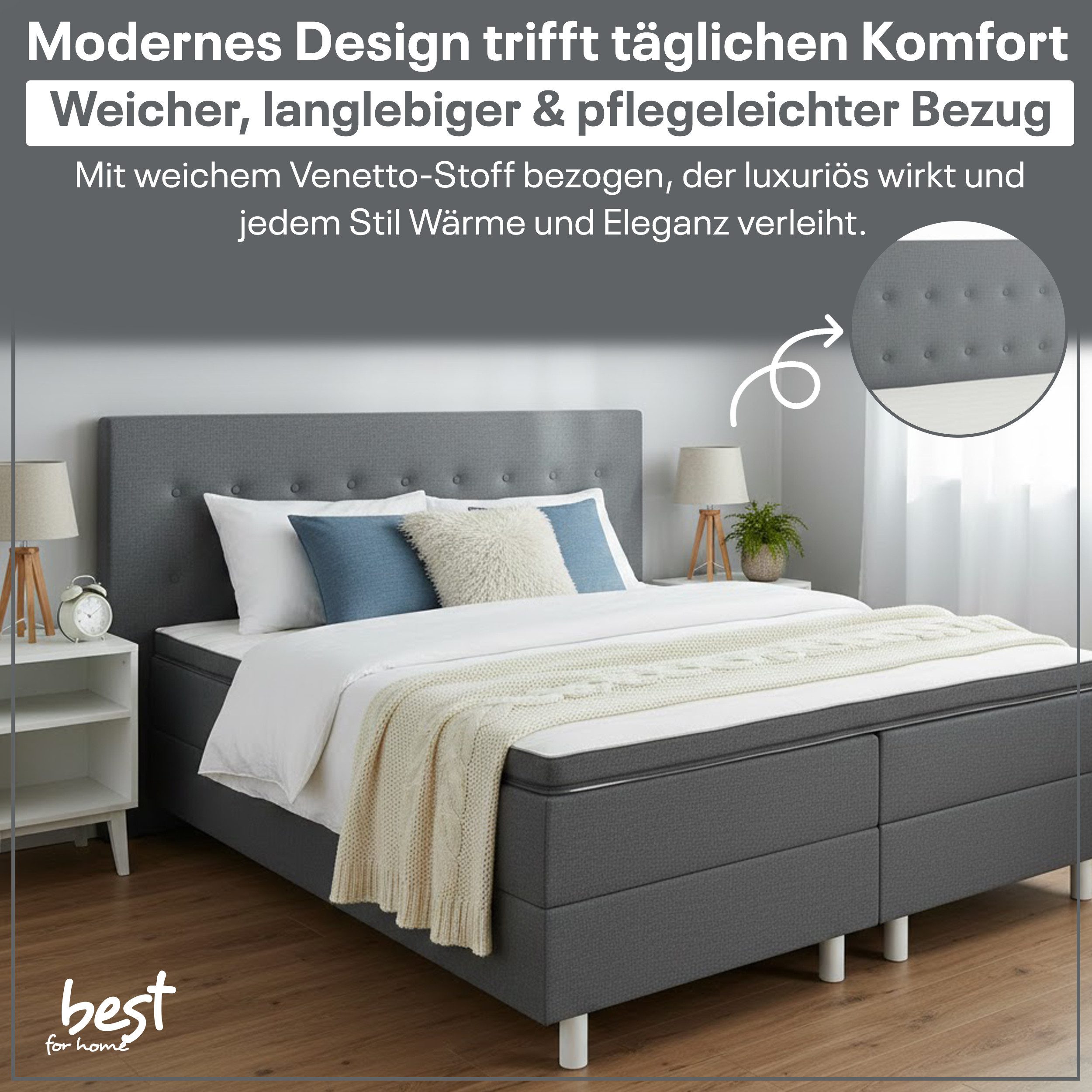 Best for Home Boxspringbett Boxspringbett NEO mit Bonellfederkern & 5 cm Topper – Komfort & Design (90x200 100x200 120x200 140x200 160x200 180x200 200x200 cm), Handwerksqualität, TOP- Preis-Leistungs-Verhältnis