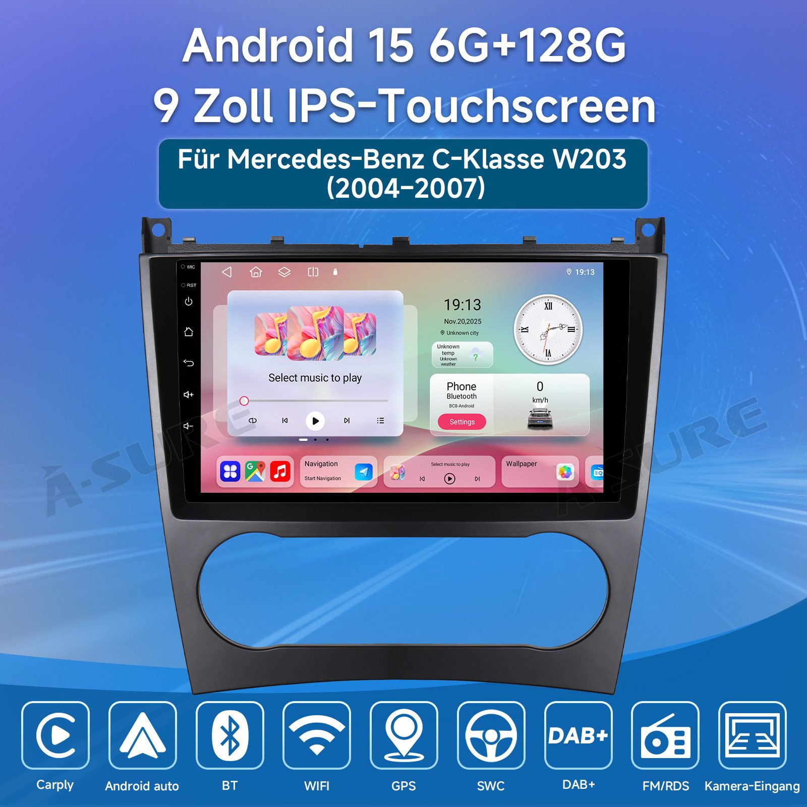 A-Sure Android 15 Carplay Für Mercedes Benz C-Klasse W203 W209 2005-2009 Autoradio (8Core, 4 Core, Digitalradio (DAB), FM, AM, 1280*800 IPS Screen)