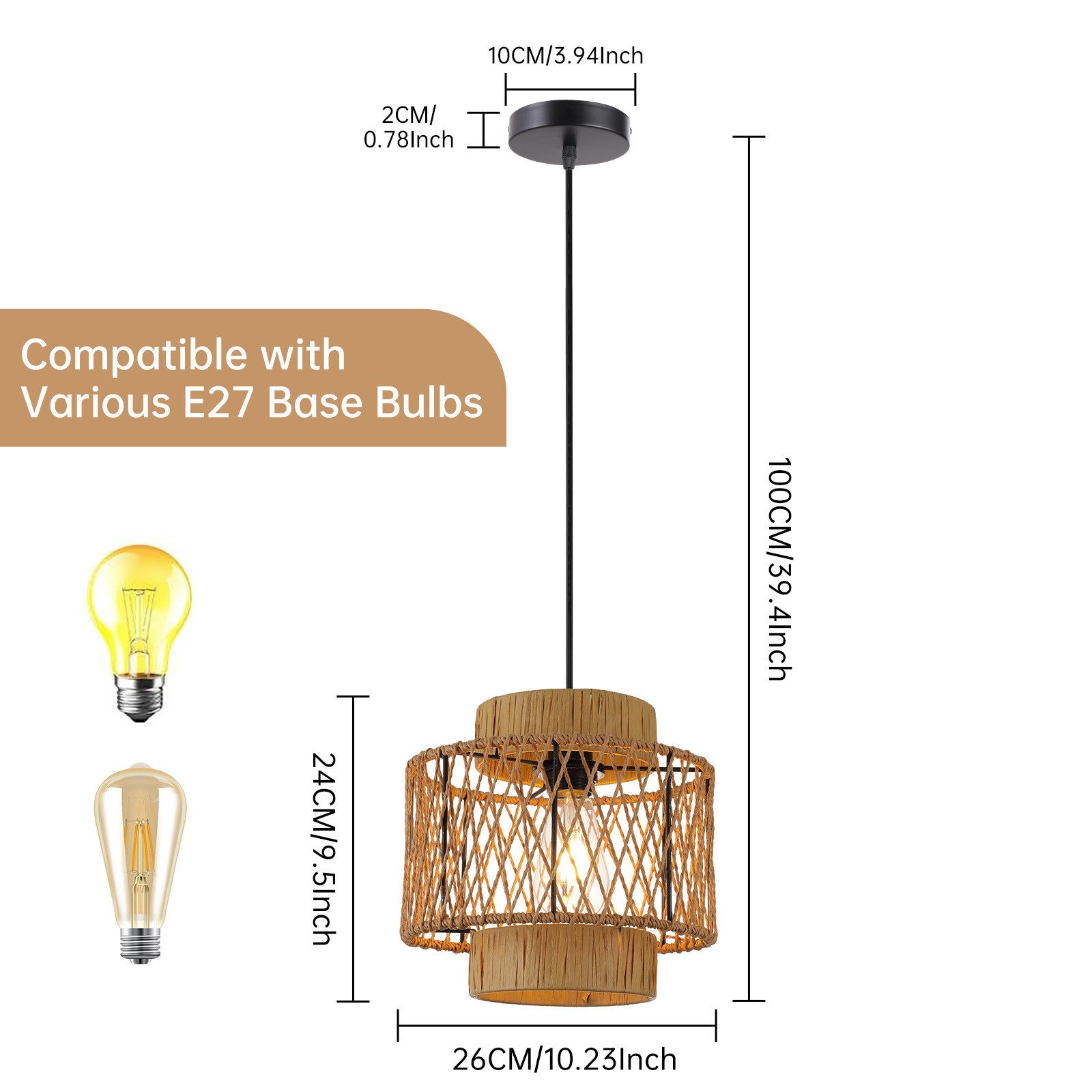 JDONG Pendelleuchte esstisch lampenschirm Hängelampe Ø26cm E27, ohne Leuchtmittel, Beige Papierflechten Beleuchtung Dekoration,schlafzimmerlampe, Vintage,Dekora – Bild 5 von 5