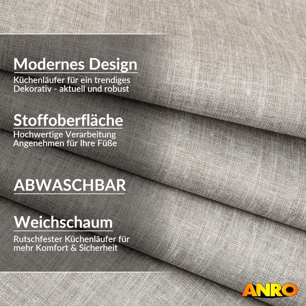 ANRO Küchenläufer Premium Einfarbig RUNNA Läufer Küchenteppich Stoff-Teppich, Rechteckig, Höhe: 3 mm, Stoff schmutzabweisend 67x100cm Vintage Grau robust