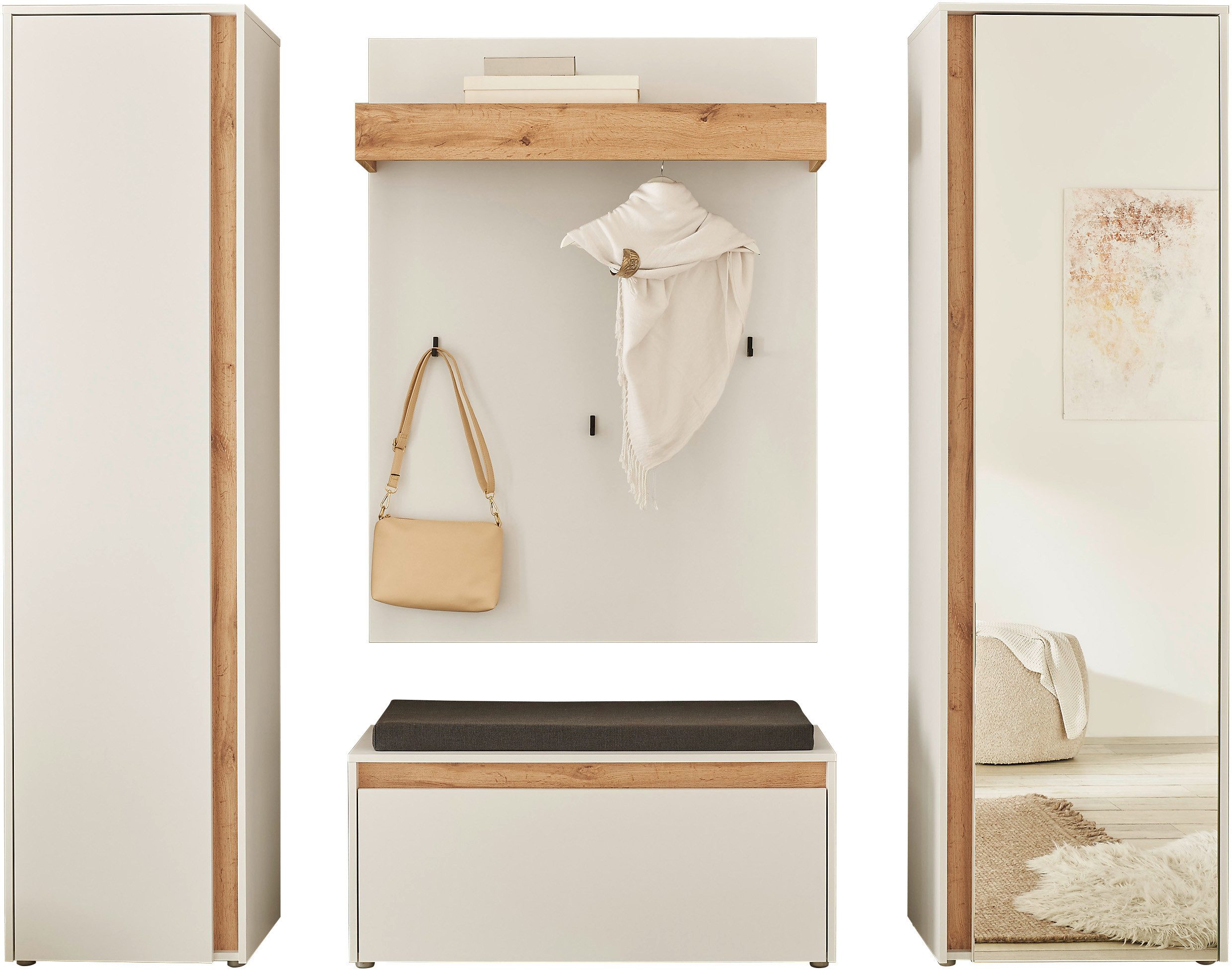 Home affaire Garderoben-Set GIRON/CiTY, moderne Garderobe, Komplettset mit viel Stauraum, (Komplett-Set, 4-St), enthält Garderobenschränke, Paneel & Schuhbank +Sitzkissen