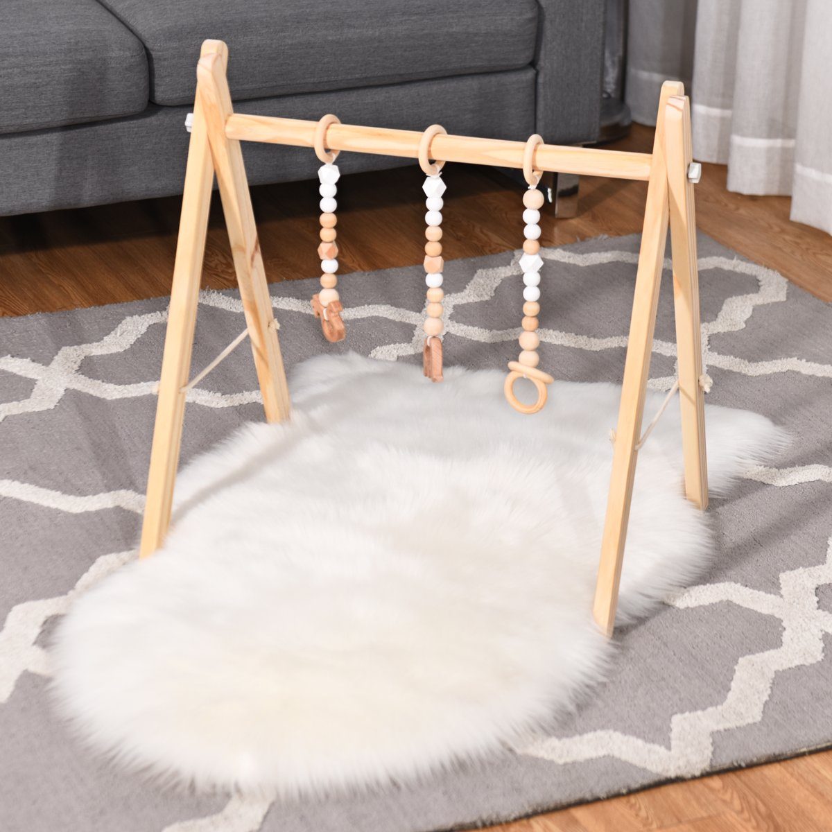COSTWAY Baby Gym Spielbogen, mit 3 Kinderspielzeugen, klappbar, aus Holz