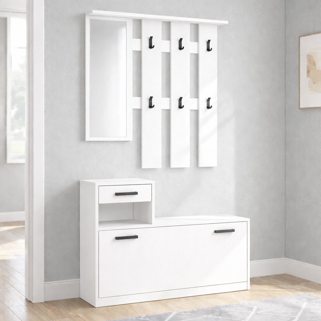OTTO home Garderoben-Set Luna Kommode mit 1 Klappe + 1 Schubkasten, Paneel mit Spiegel 6 Haken, (2-St), Kompaktes Garderoben-Set für ein stilvolles und ordentli – Bild 5 von 5