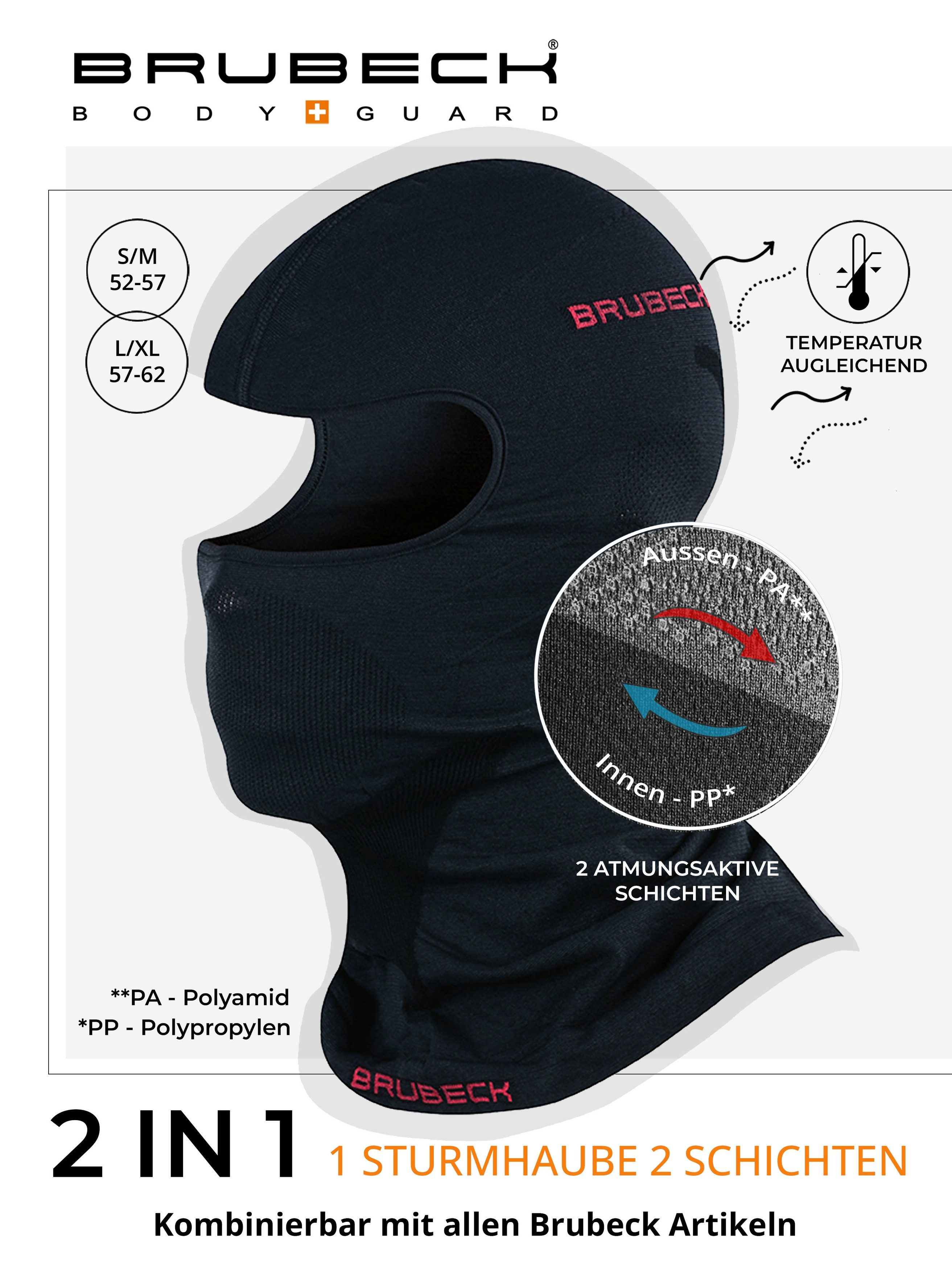 BRUBECK Sturmhaube Merino Skimaske für natürliche Wärme und Klimaausgleich Schwarz L/XL atmungsaktiv, schnelltrocknend, windabweisend