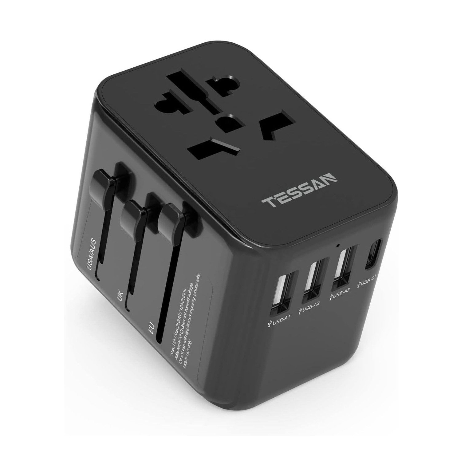 TESSAN Reiseadapter Weltweit Universal Reisestecker mit 3 USB A und 1 USB C Reiseadapter AC Buchse, USB A, USB C, Typ A Buchse zu US Plug(Typ A), UK Plug (Typ G), EU Plug (Typ C), AUS Plug (Typ I), Dieser Reiseadapter wird mit zwei Überlastsicherungen (10A) geliefert
