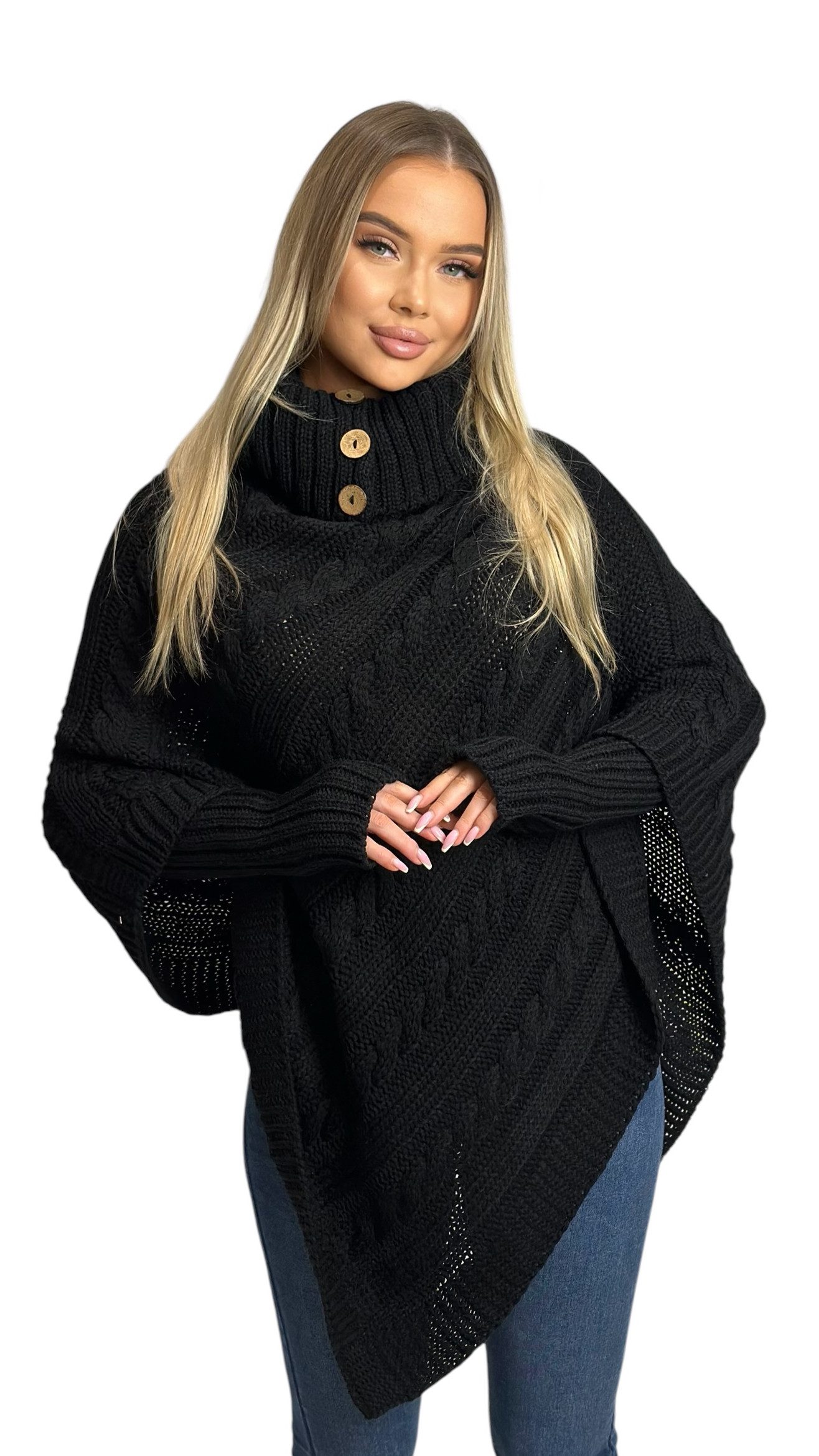 Mississhop Strickponcho Poncho Strick Sweatshirt Pullover Umhang Überwurf mit Stulpen 3012