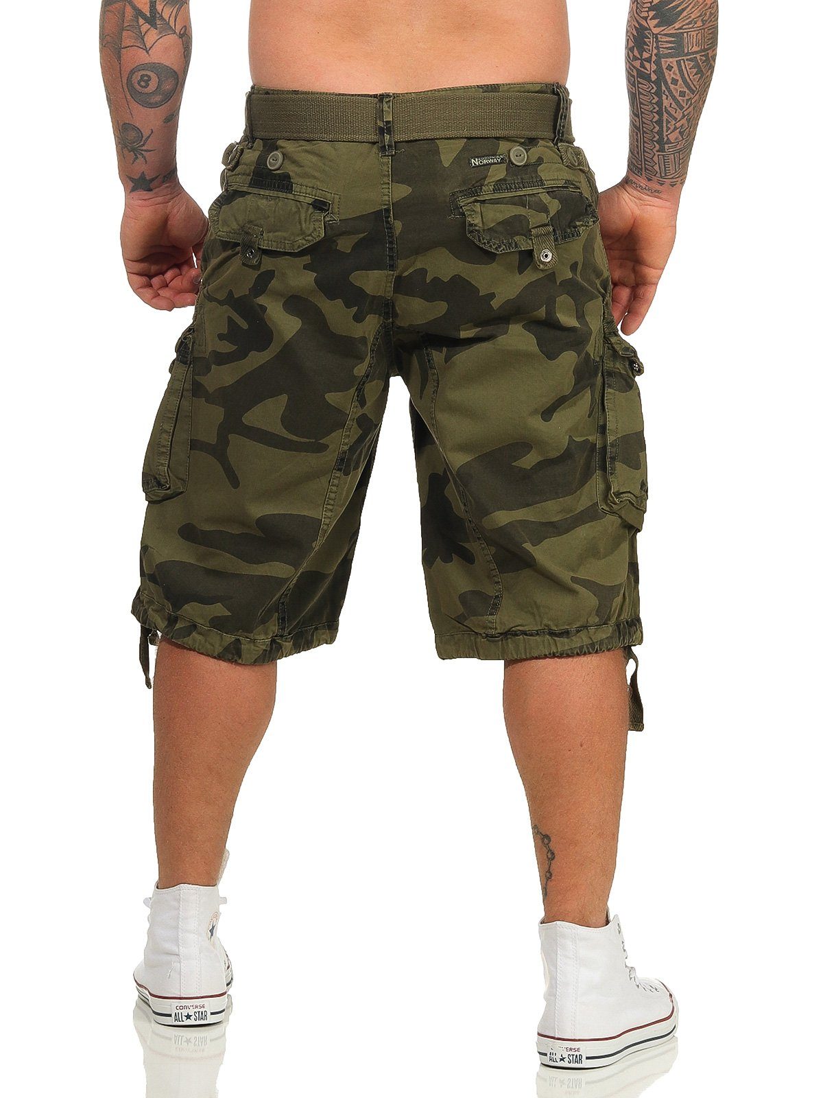 Geographical Herren Hose, Gürtel) (mit unifarben Shorts Shorts, Cargoshorts Norway camouflage PANORAMIQUE abnehmbarem kaki / kurze