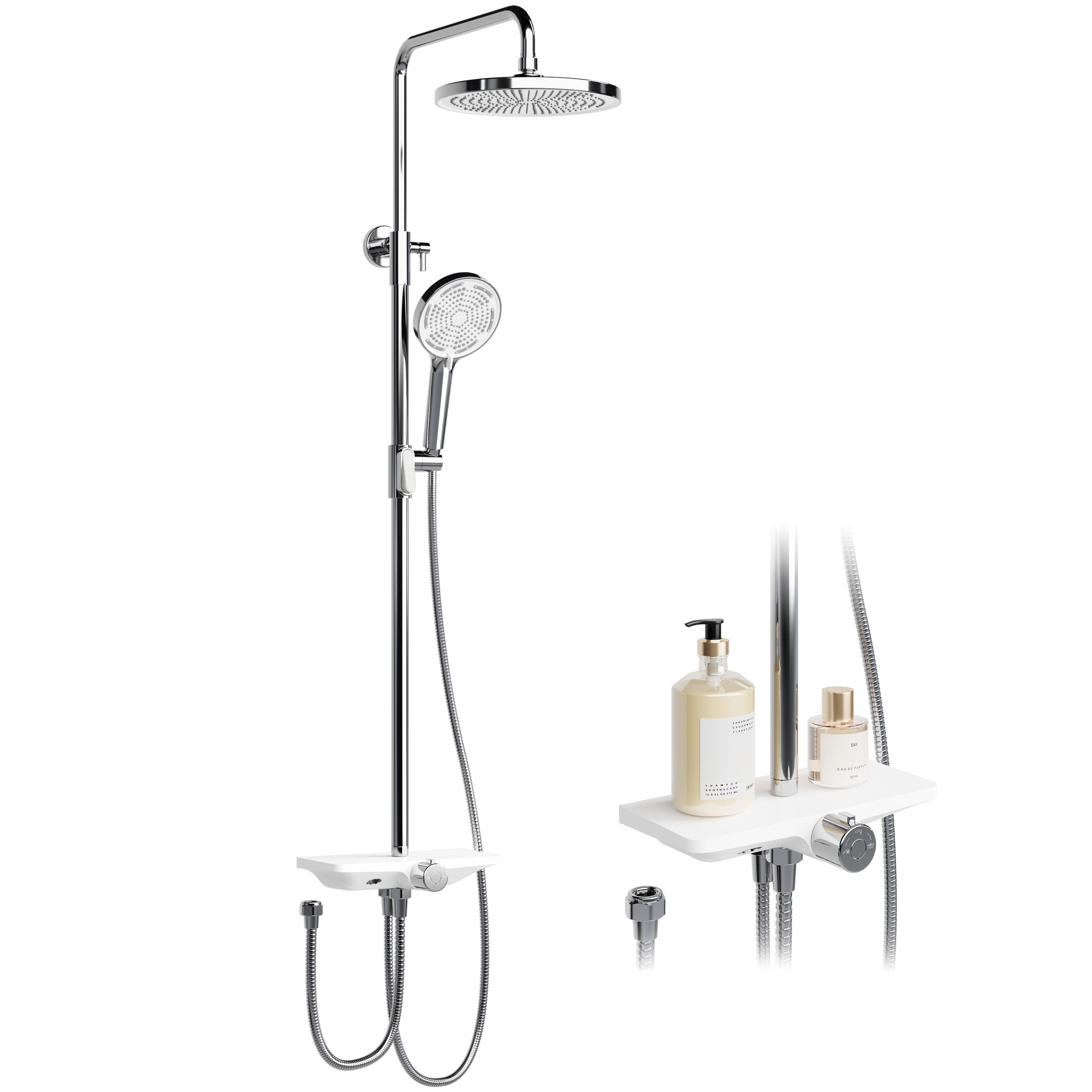 GarveeMore Brausegarnitur Regendusche Duschsystem mit Ablage 3-Funktion höhenverstellbar-D25cm, XXL Überkopfbrause und 3 Funktion Handbrause Rund,Höhen Einstellbar