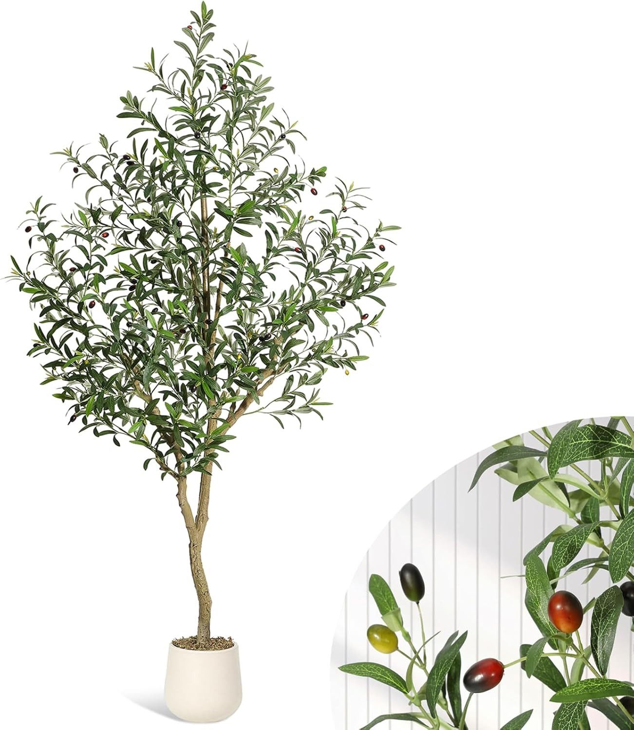 Kunstbaum Künstlicher Olivenbaum,weißer Anzuchttopf, GarveeMore, Höhe 183 cm, Kunstseidenpflanze,gestalteter Kunstholzstamm und realistische Früchte