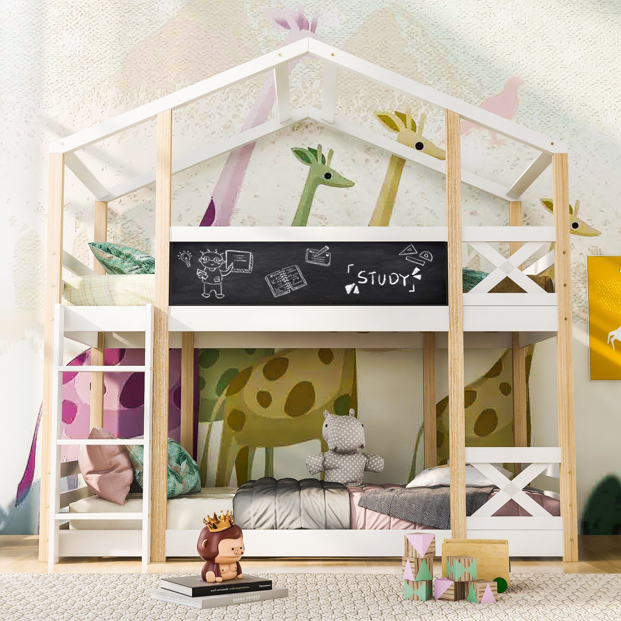 Etagenbett (Kinderbett), Hochbett mit Rausfallschutz, Trittleiter und Lattenrost, 90x200cm