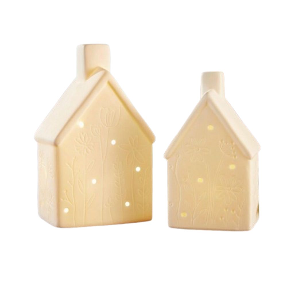 Home-trends24.de Dekofigur LED Haus Blumenwiese Figur Objekt Häuser Porzellan Deko 2er Set (2 St)