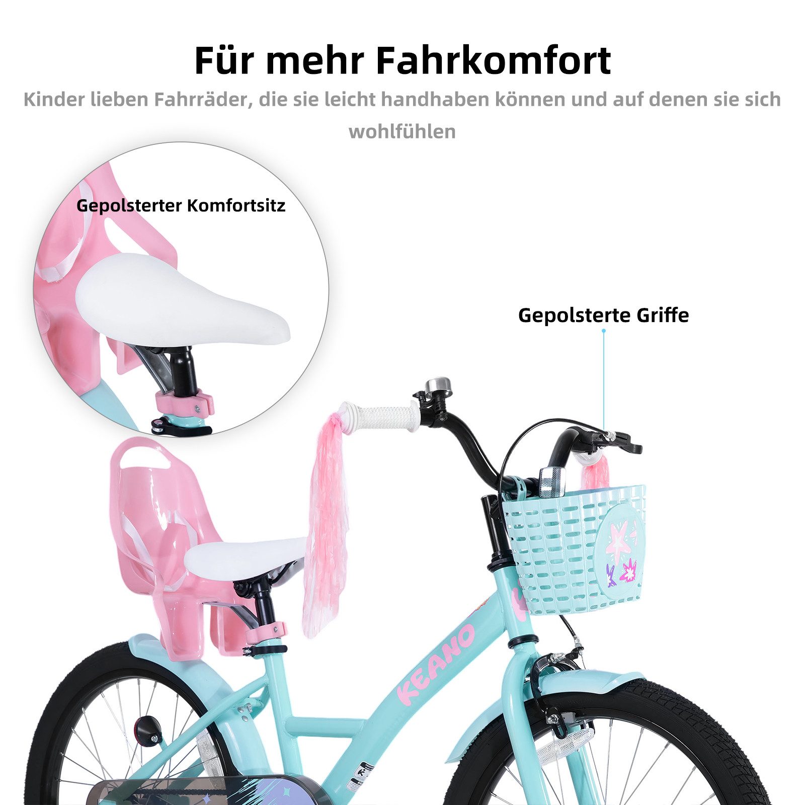 JOYSTAR Kinderfahrrad Mädchenfahrrad 14/16/18/20 Zoll mit Hochkarbonstahlrahmen, mit Puppensitz und Korb,Stützräder, Luftschlangen, Schutzblechen – Bild 4 von 5