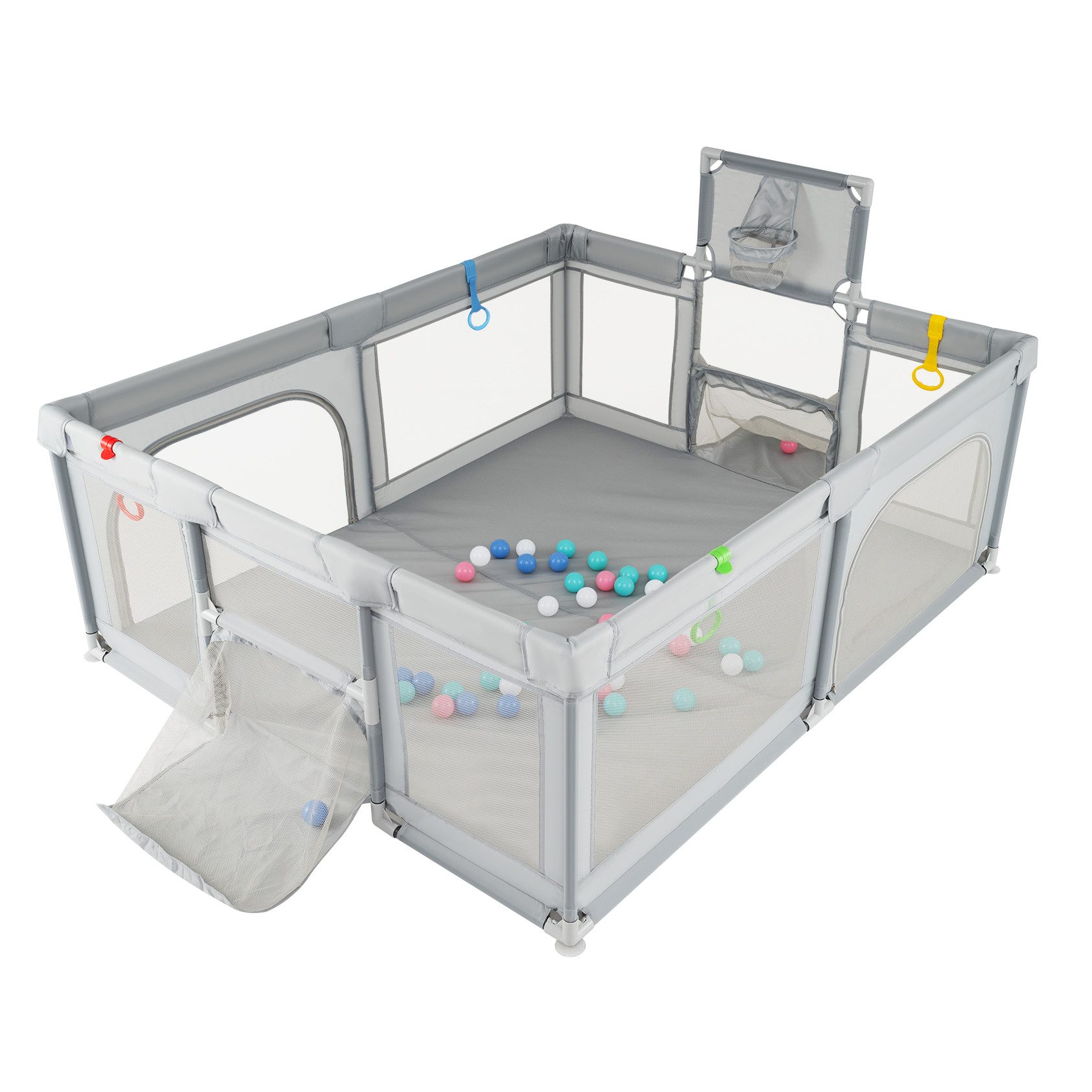 COSTWAY Laufstall Baby Laufgitter, Faltbar, mit Basketballkorb, Tragetasche, 50 Ozeanbällen