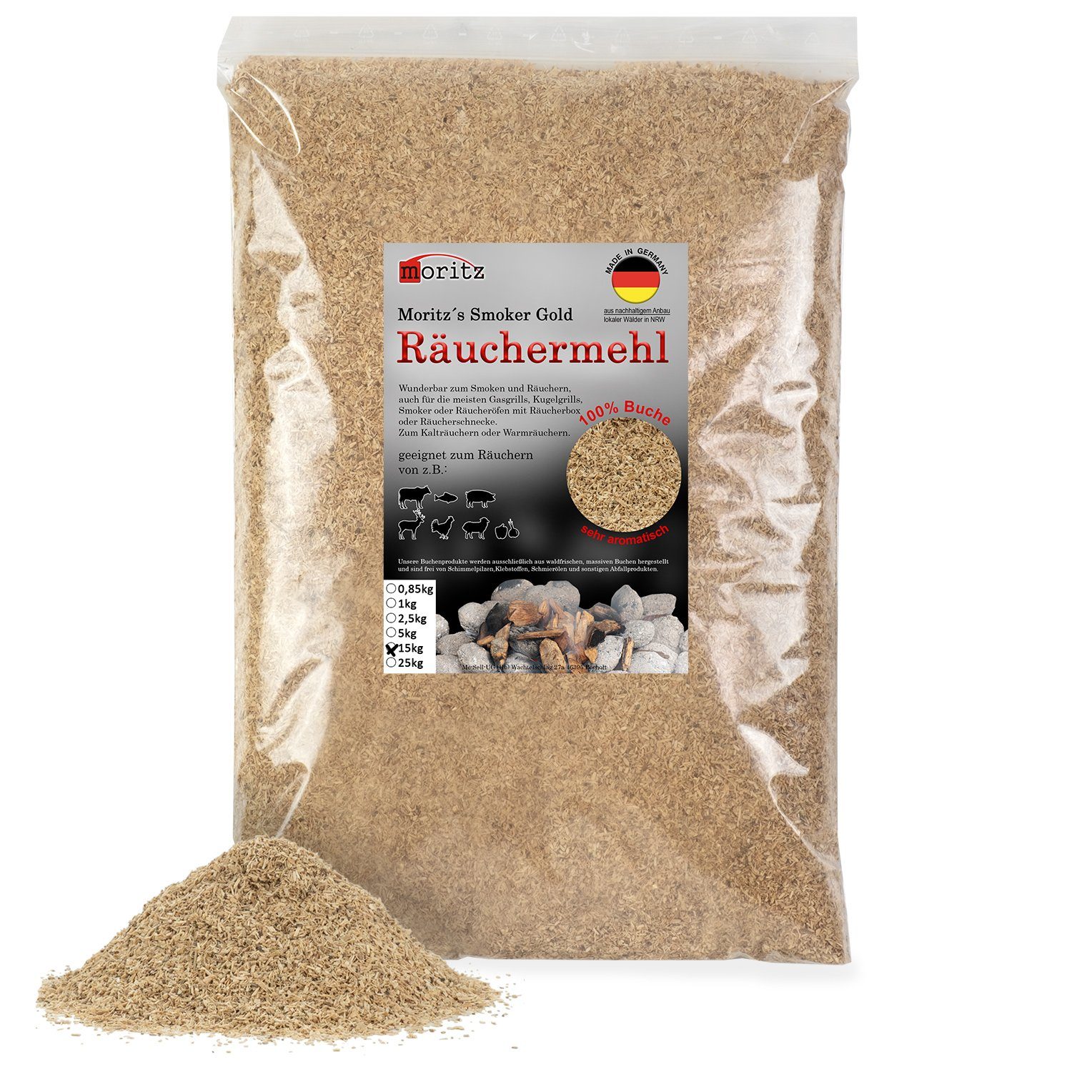 Moritz Räucherbox 15kg Räuchermehl Buche fein 0,5 -1 mm zum smoken, räuchern/kalträuchern von Fleisch, Fisch, Gemüse geeignet
