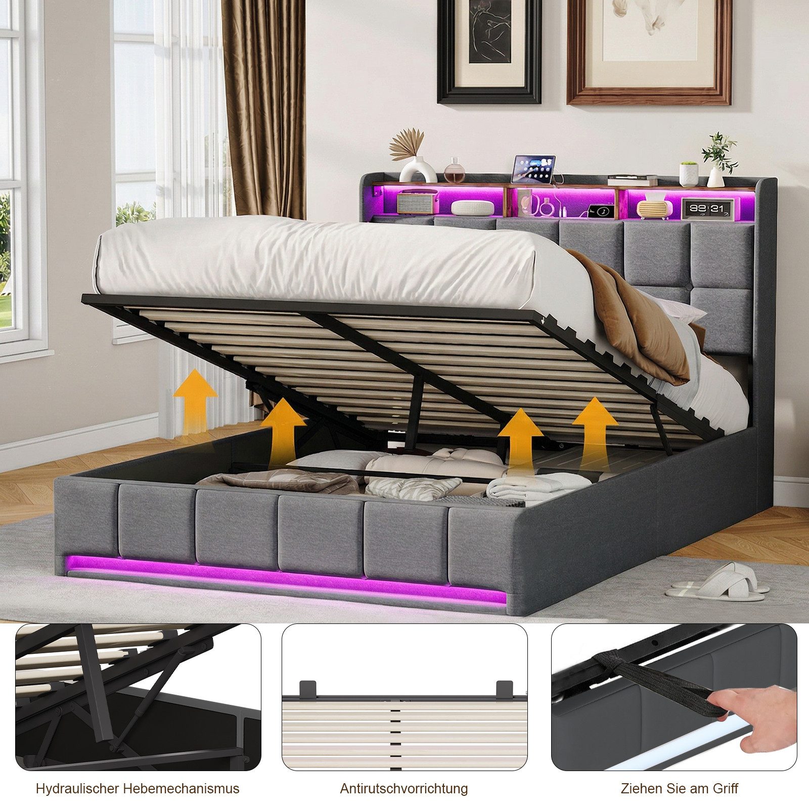 ADWOLT Polsterbett LED Hydraulisches Doppelbett Bett mit Stauraum (Set, 1-tlg., 160x200cm Stauraumbett), Bettgestell mit Lattenrost,Leinenmaterial,ohne Matratze – Bild 4 von 5