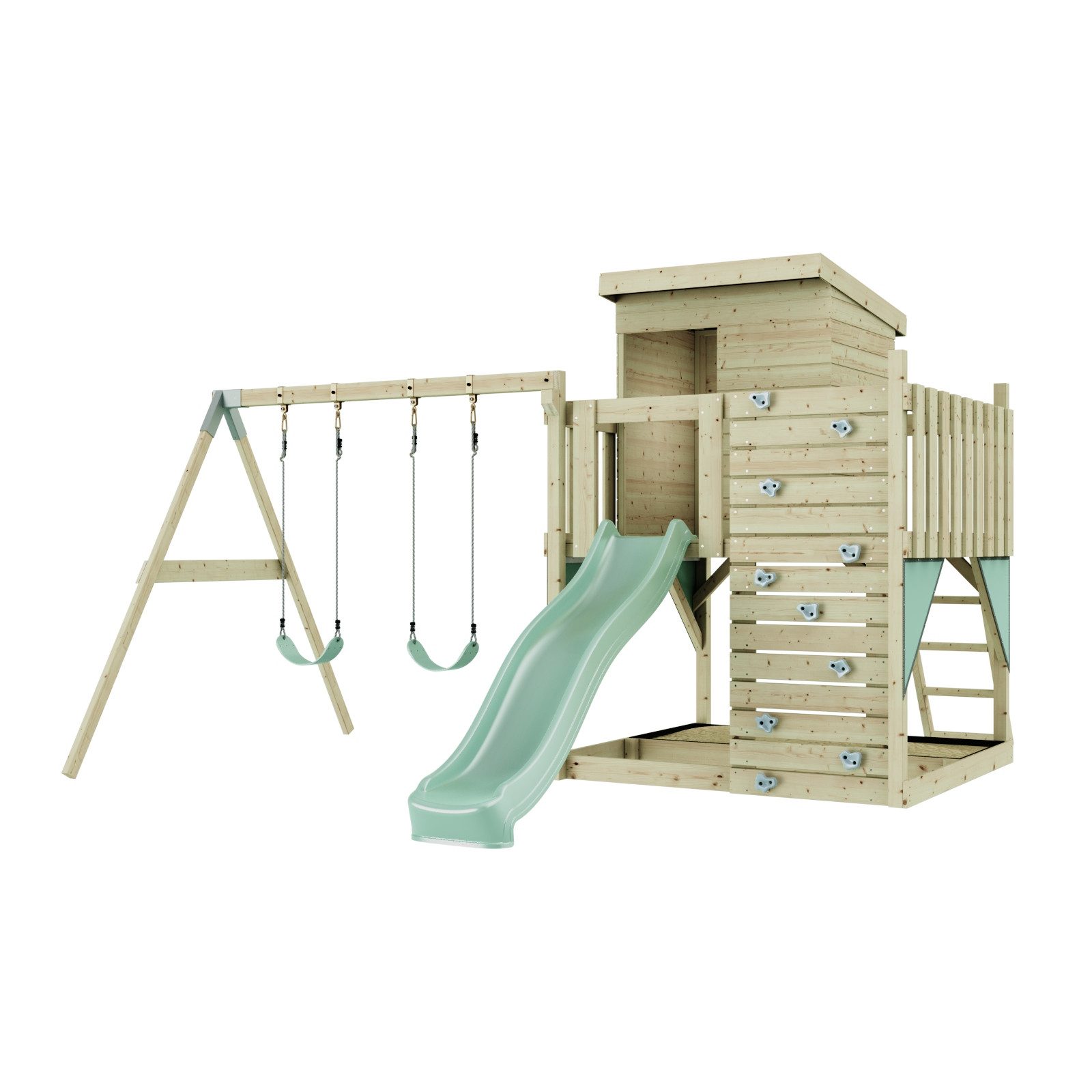OutdoorToys Spielturm Björn aus Holz in Mintgrün mit Kinderschaukel & Rutsche, Kletterwand, aus Holz in Mintgrün mit Kinderschaukel & Rutsche, Kletterwand