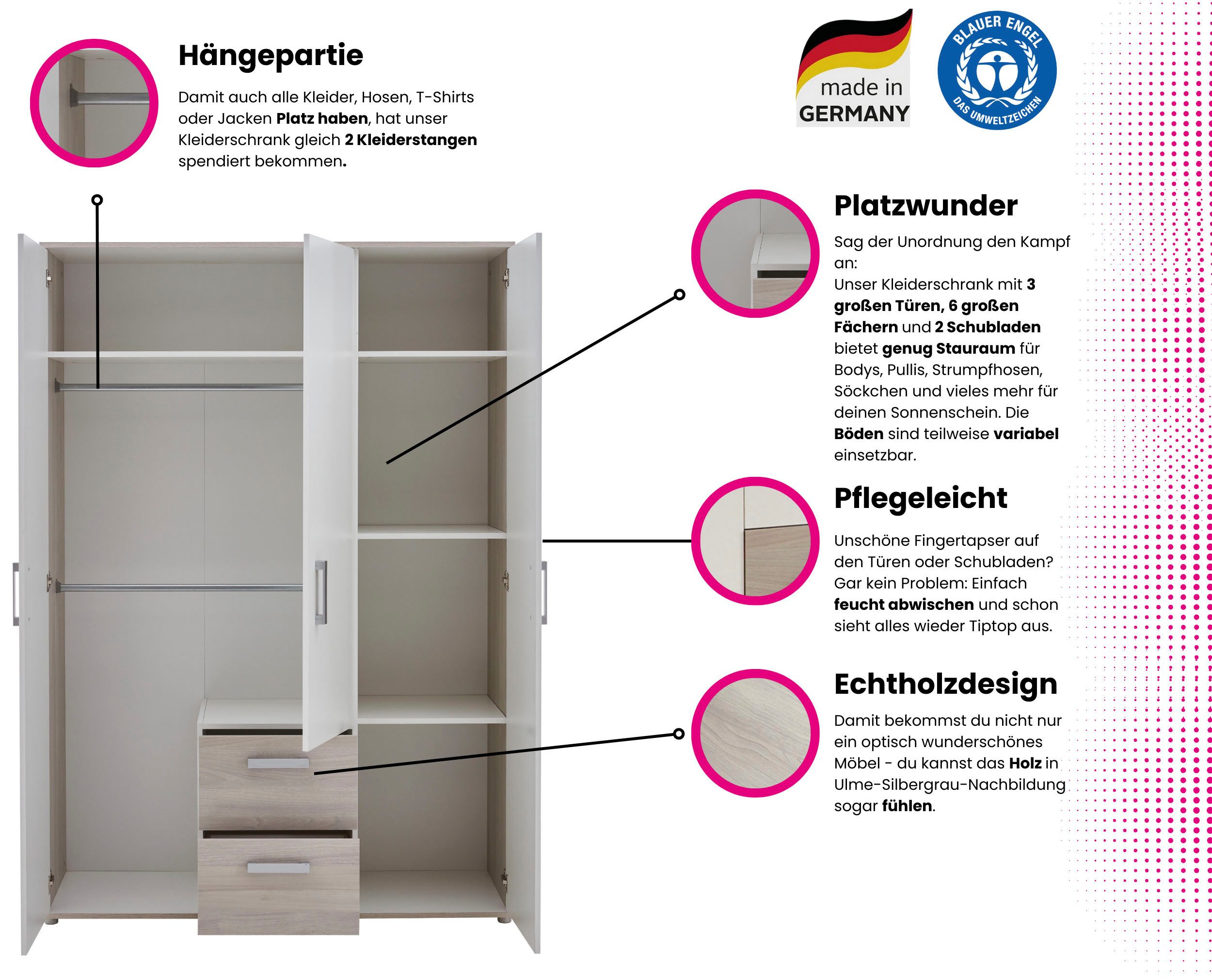 Home affaire Kleiderschrank Geert, Kinderkleiderschrank 2 Kleiderstangen, verstellbare Einlegeböden, mit zwei Schubkästen