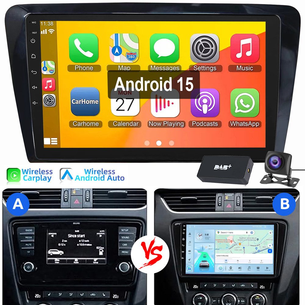 ESSGOO Für SKODA Octavia III 3 5E 2013-2018 Android15 Autoradio Carplay Autoradio (RDS, Digitalradio (DAB), FM, AM, NAVI EQ SWC BT Apple Carplay Android Auto)