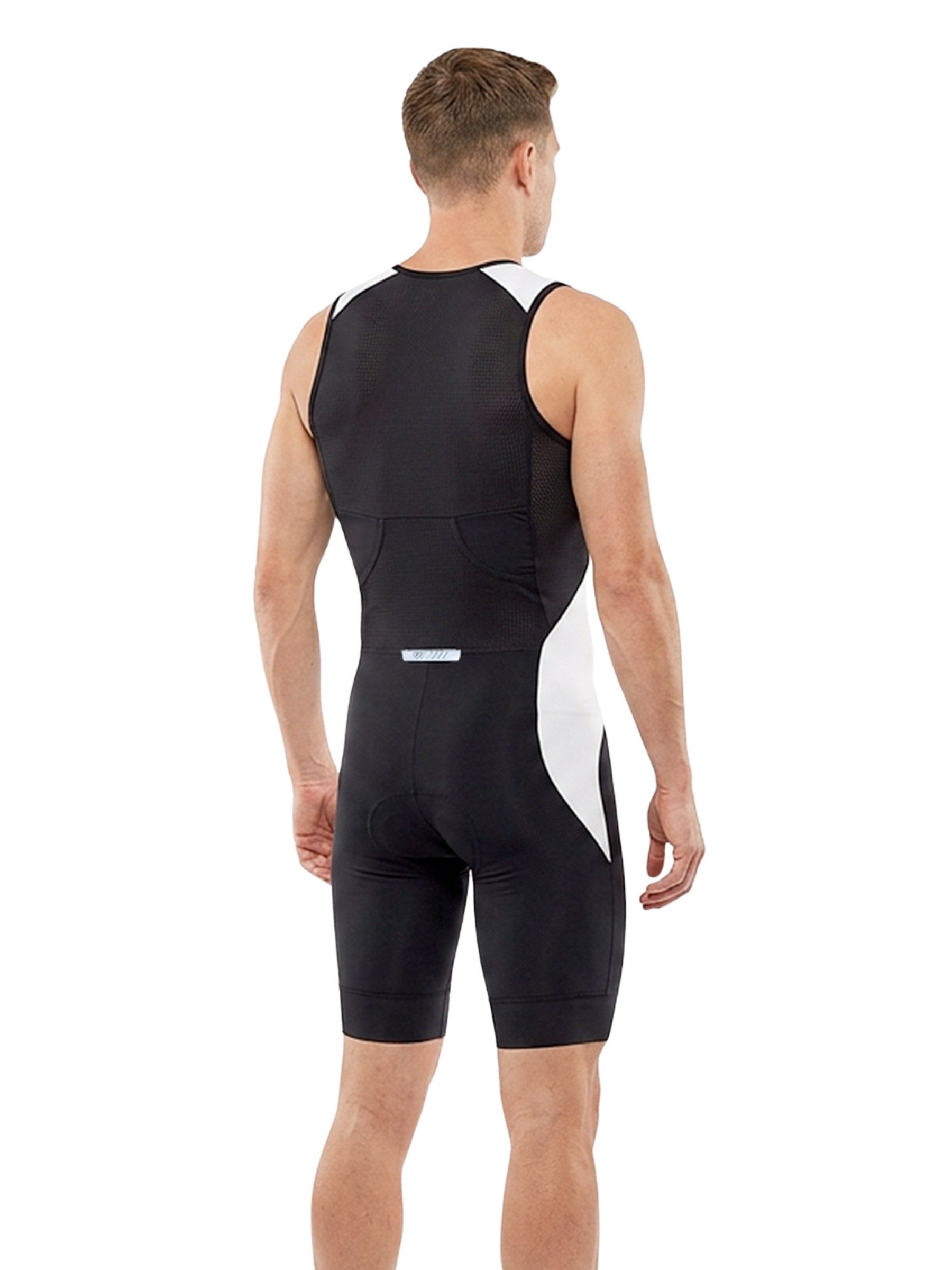 Wulibike Trainingsanzug Herren Trisuit ärmelloser Triathlon-Einteiler mit Frontreißverschluss (Einteilig, 1-tlg), Atmungsaktiv mit stützendem Sitzpolster, Muskelkompression & Taschen