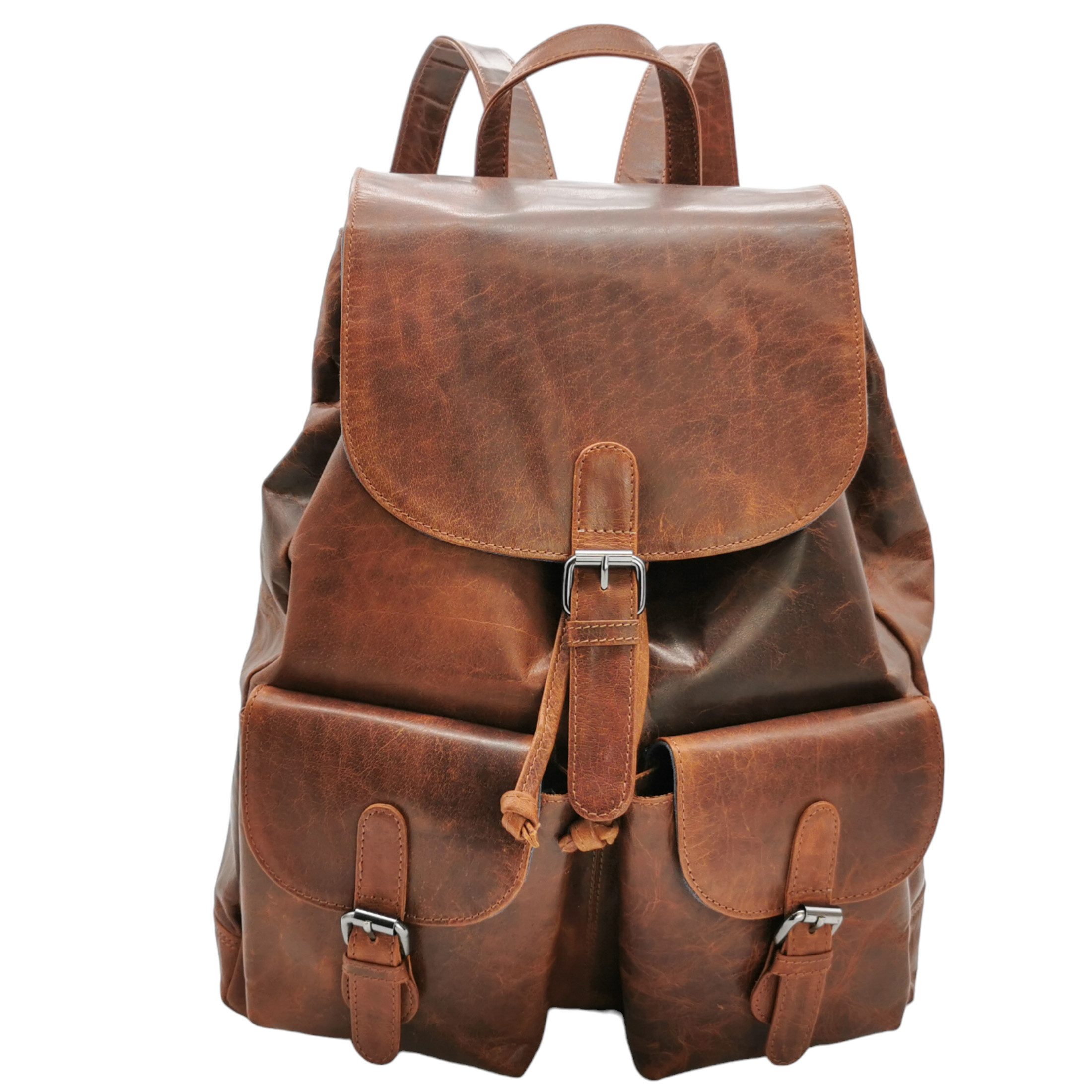 Ella Eisvogel Reiserucksack XXL Rucksack mit Überschlag, Büffel Pull-Up Vintage Leder, geölt & gewachst